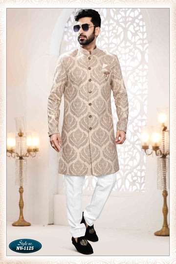 Woven Art Silk Jacquard Sherwani in BEIGE