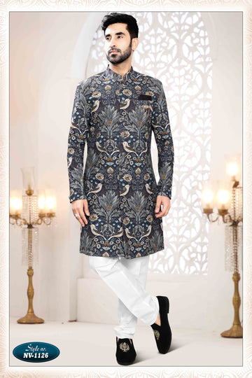 Printed Linen Sherwani in Blue