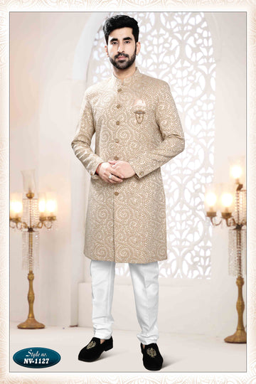 Woven Art Silk Jacquard Sherwani in Golden