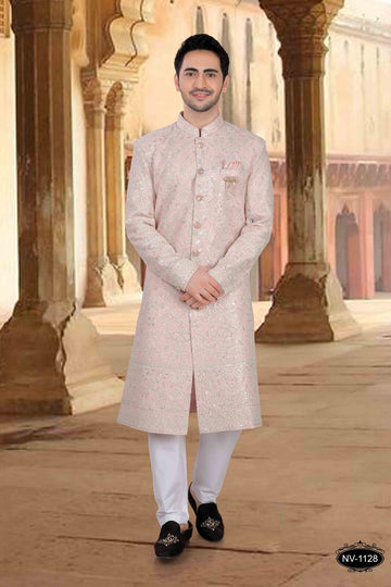 Heavy Embroidered Georgette Mens Sherwani In Pink