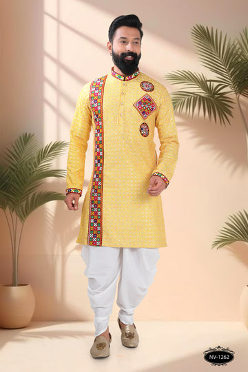 YELLOW ONLY KURTA WITH LACE & PATCHWORK ACCENTS FOR NAVRATRI