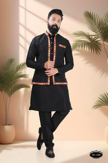 NAVRATRI BLACK SILK KURTA JACKET SET