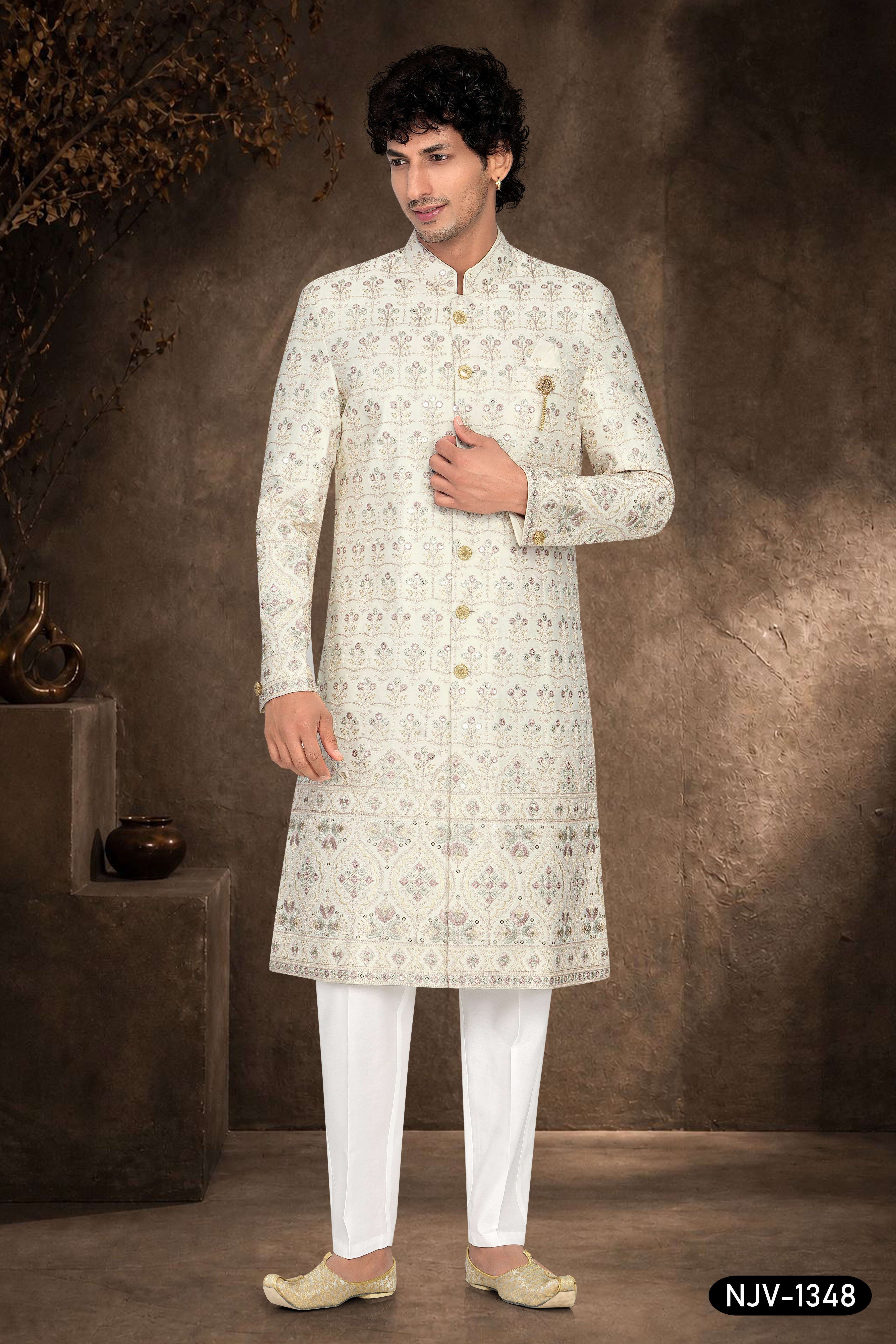SHERWANI SET WITH THREAD EMBROIDERY ALL-OVER WITH HEAVY PANEL