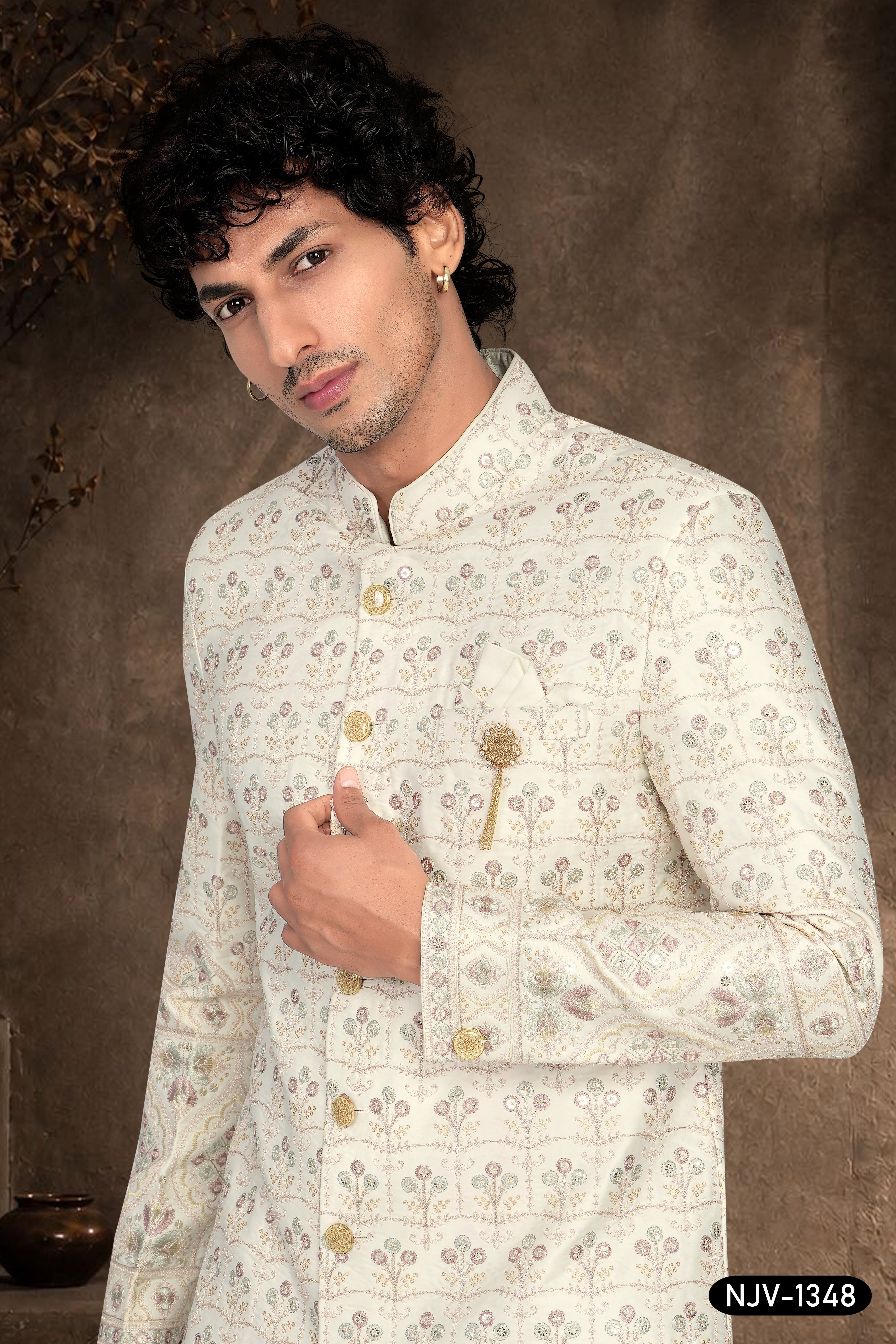 SHERWANI SET WITH THREAD EMBROIDERY ALL-OVER WITH HEAVY PANEL