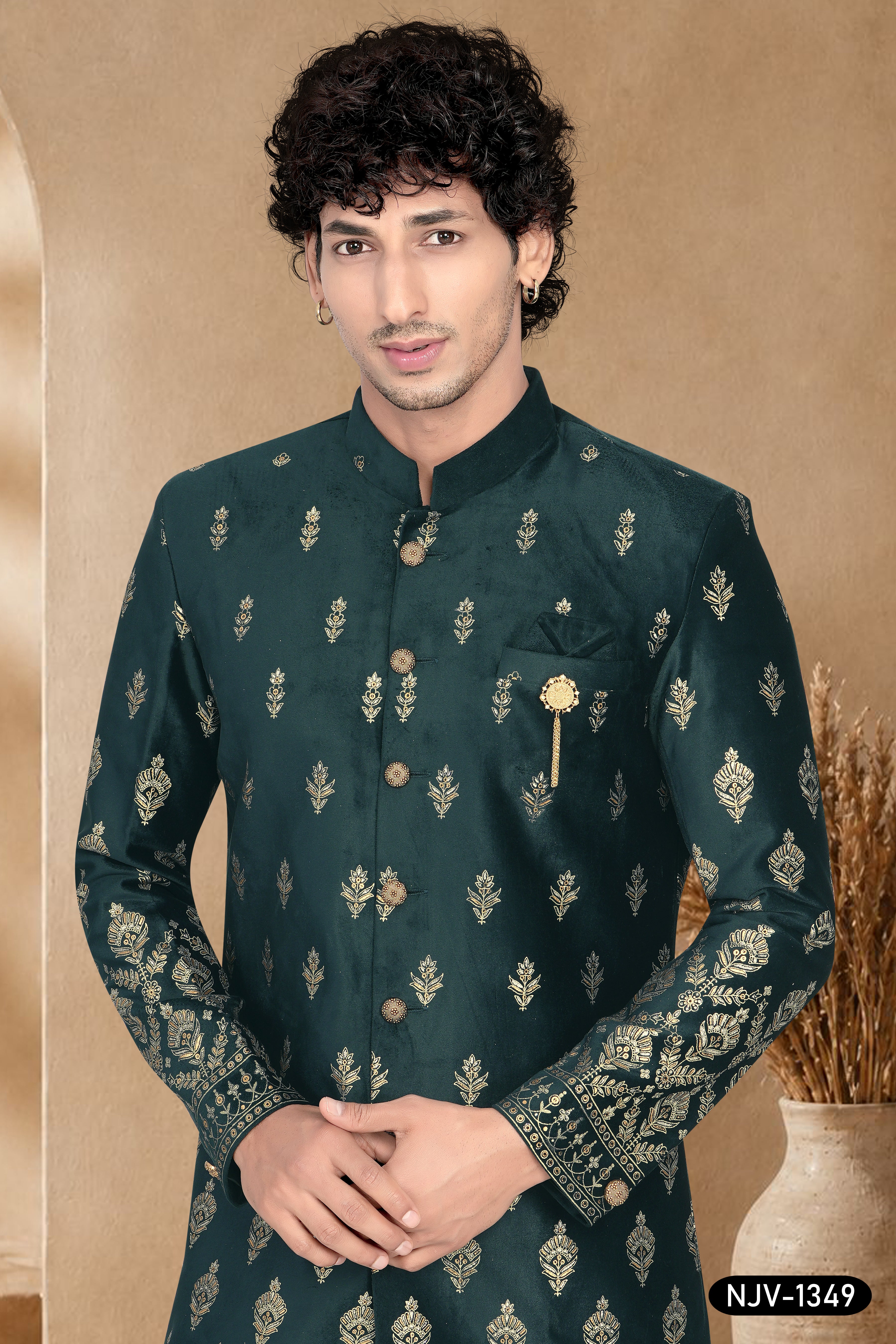 GREEN HUE INDOWESTERN SET WITH FOIL PRINT ALL-OVER