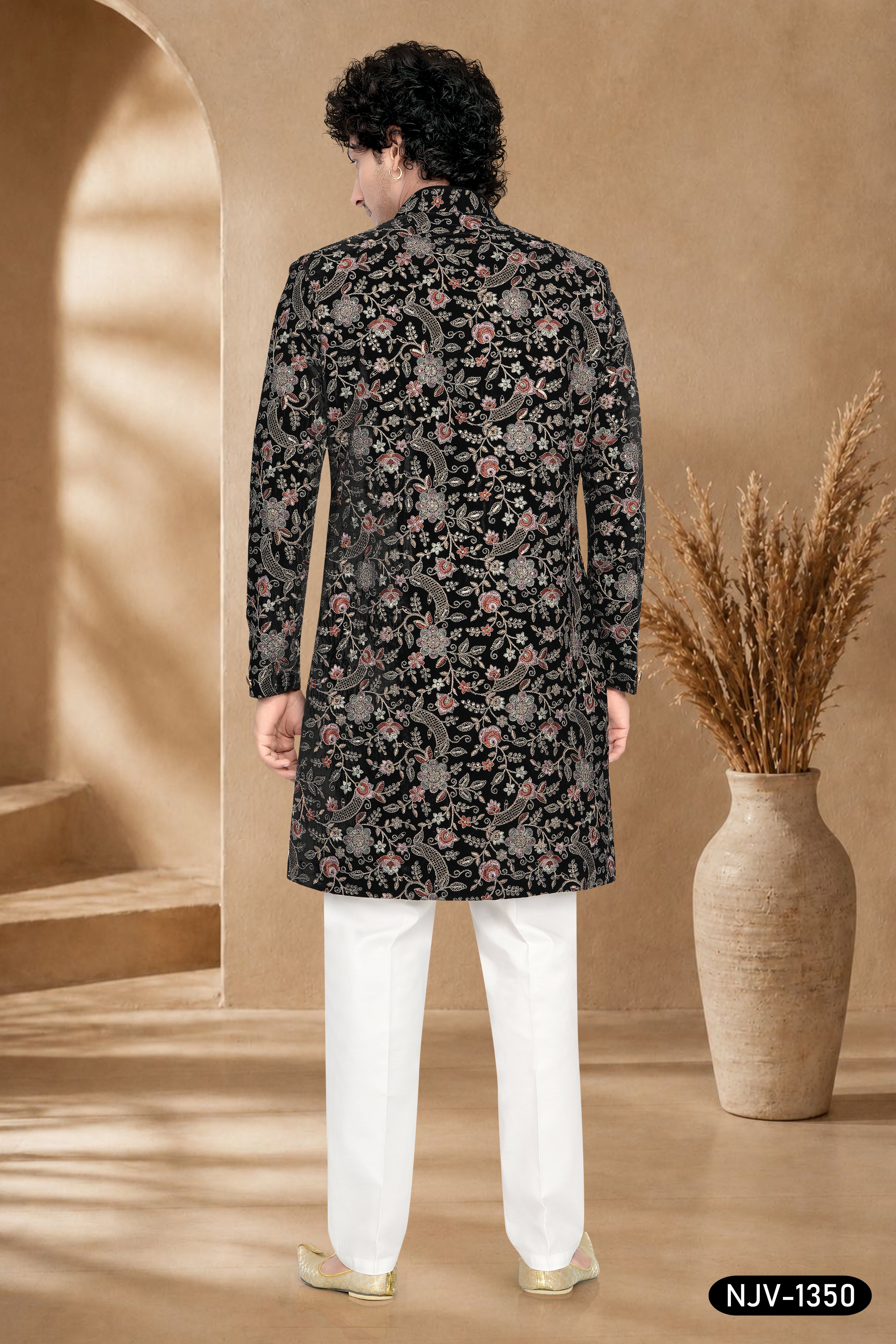 BLACK INDO-WESTERN SET IN VELVET WITH ALL-OVER MULTI-THREAD EMBROIDERY