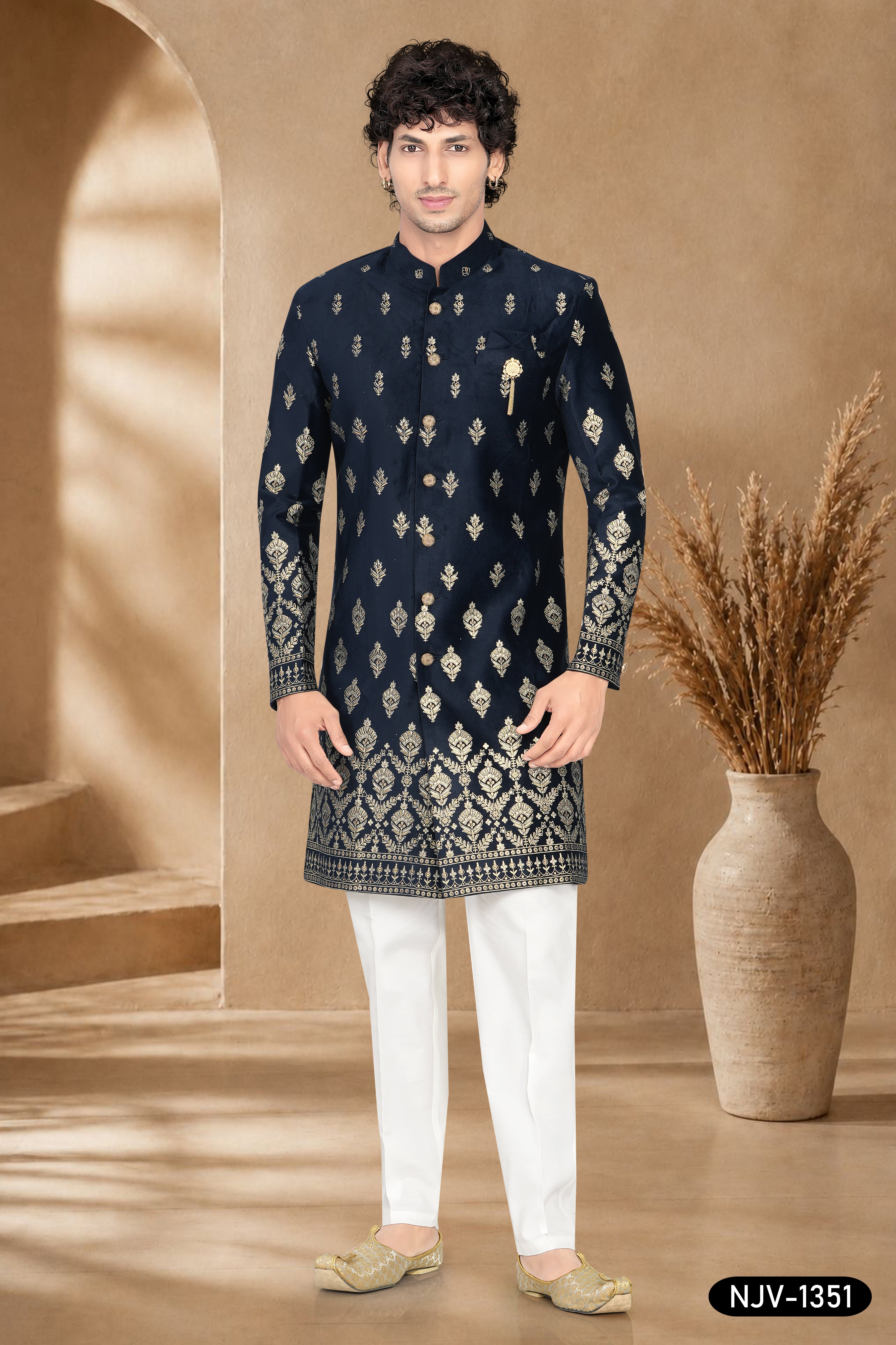 INDO-WESTERN IN NAVY BLUE WITH ALL-OVER FOIL PRINT