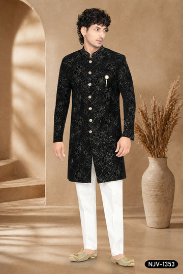 VELVET INDO-WESTERN SET IN BLACK WITH THREAD EMBROIDERY ALL-OVER