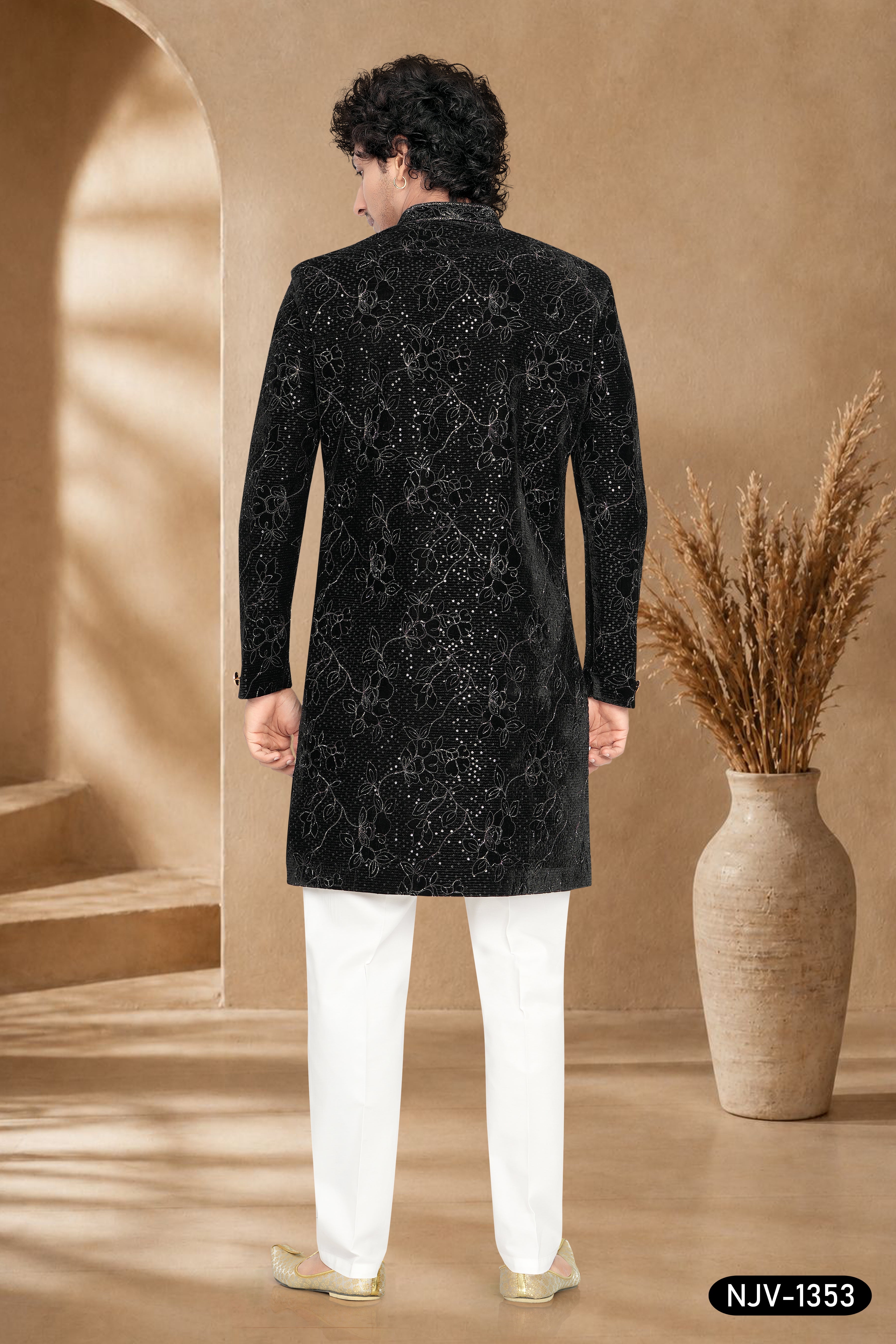 VELVET INDO-WESTERN SET IN BLACK WITH THREAD EMBROIDERY ALL-OVER