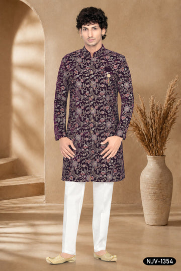 VELVET INDO-WESTERN SET IN WINE WITH ALL-OVER THREAD EMBROIDERY