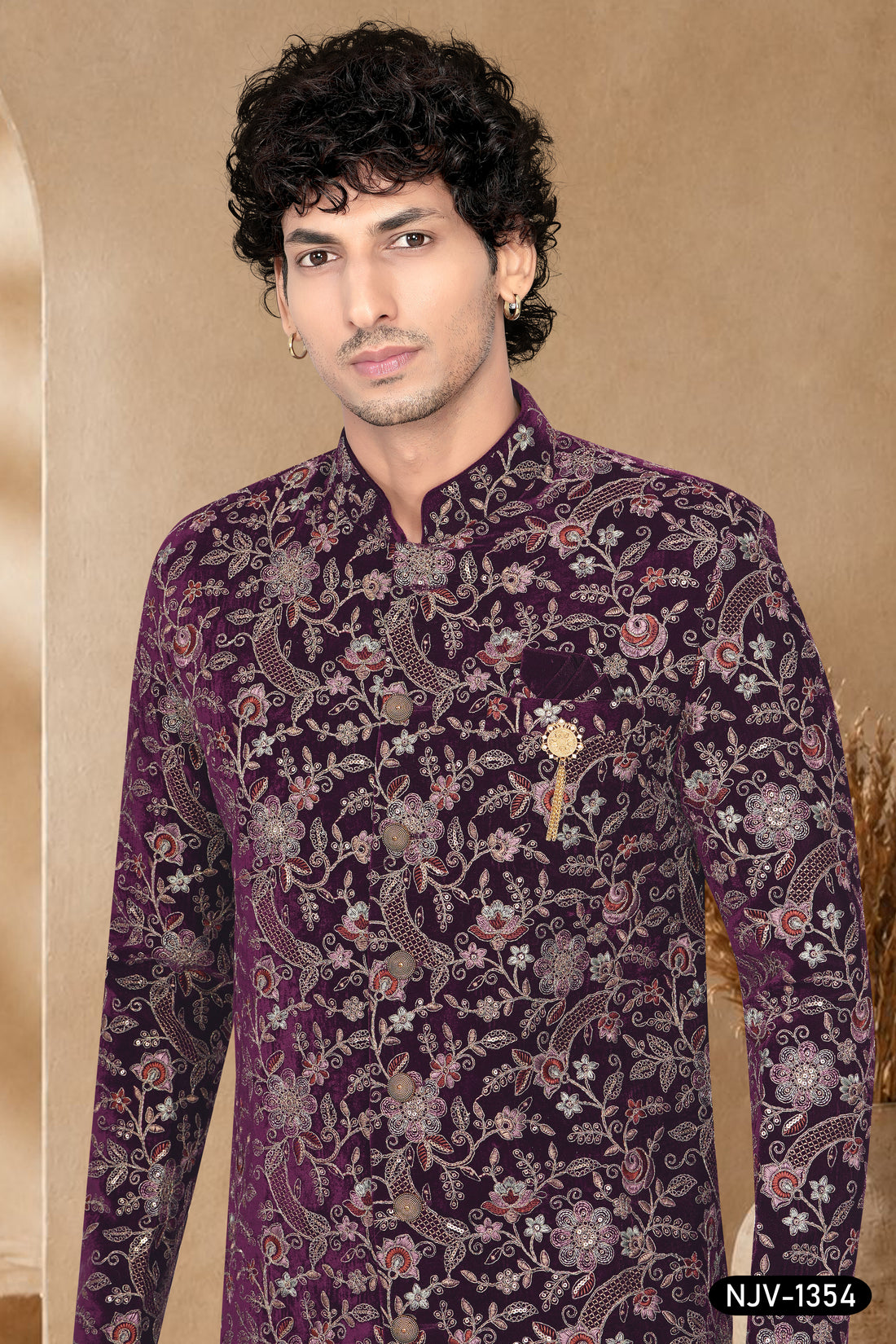 VELVET INDO-WESTERN SET IN WINE WITH ALL-OVER THREAD EMBROIDERY