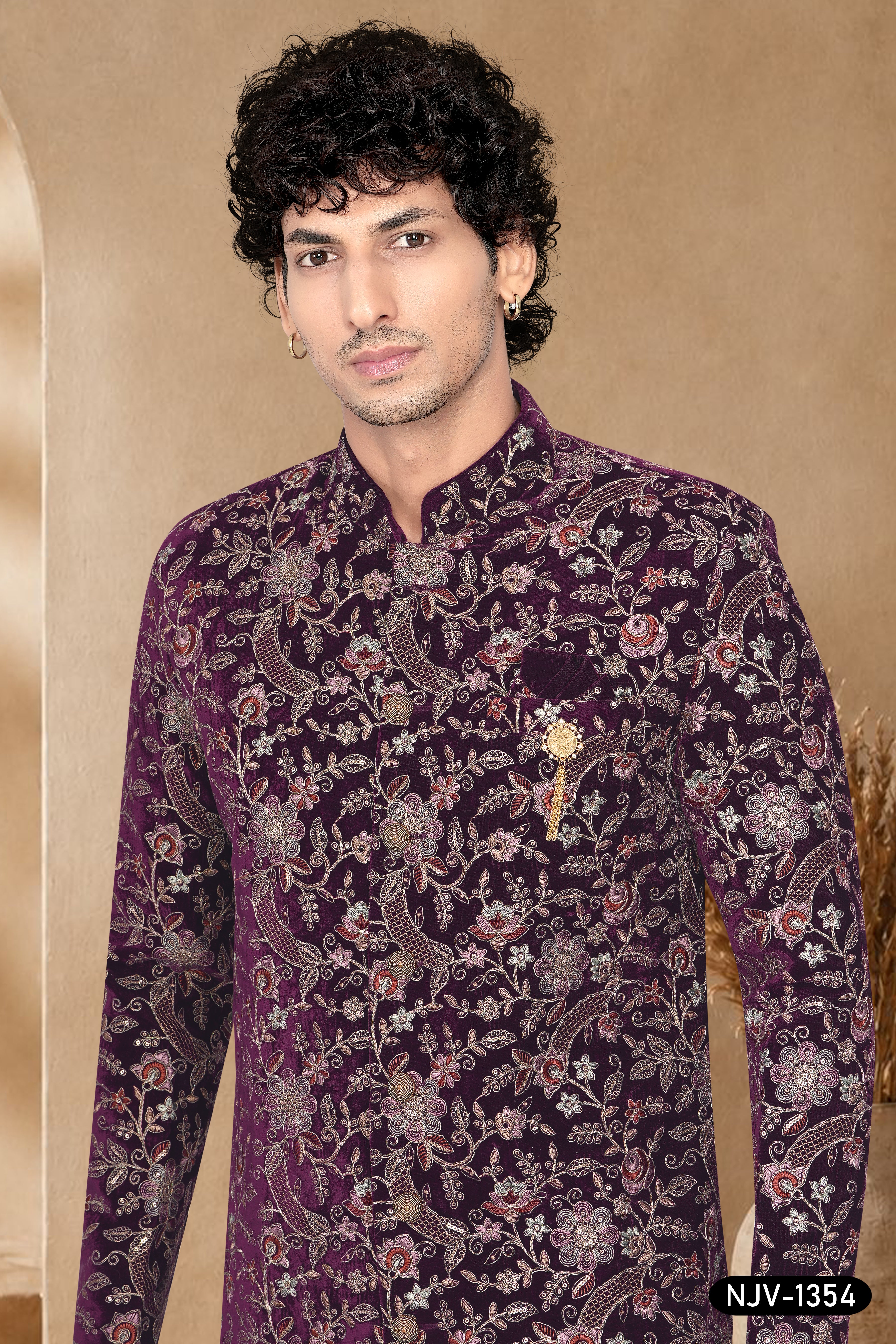 VELVET INDO-WESTERN SET IN WINE WITH ALL-OVER THREAD EMBROIDERY