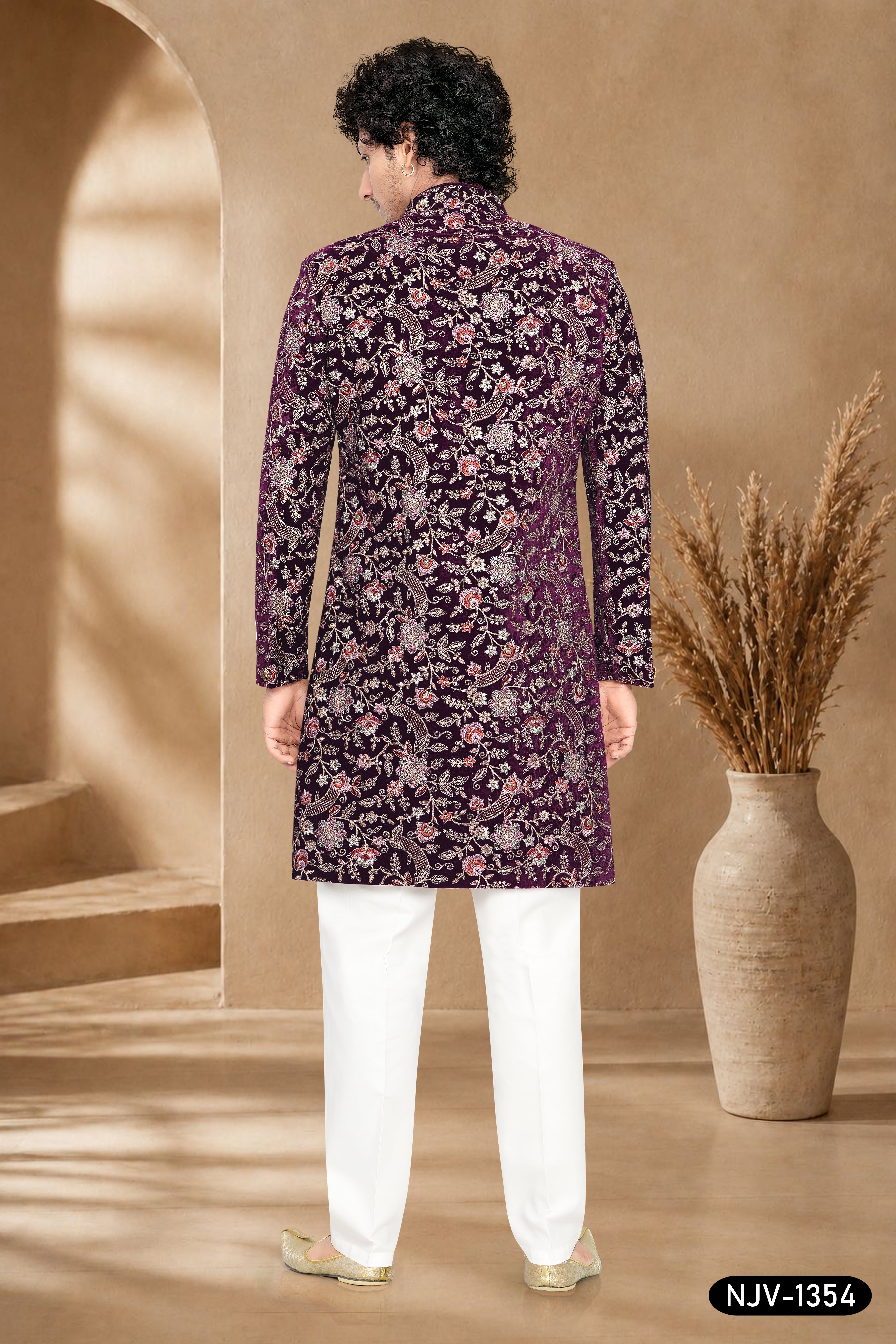 VELVET INDO-WESTERN SET IN WINE WITH ALL-OVER THREAD EMBROIDERY