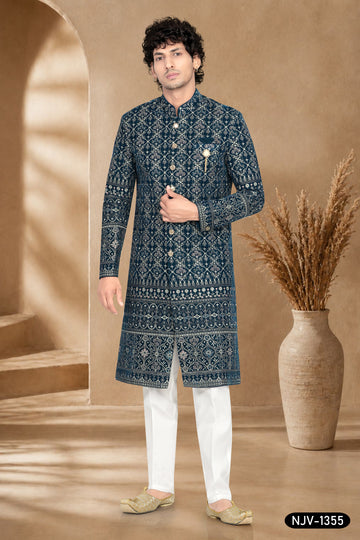 SHERWANI IN BLUE WITH THREAD EMBROIDERY ALL-OVER WITH HEAVY PANEL