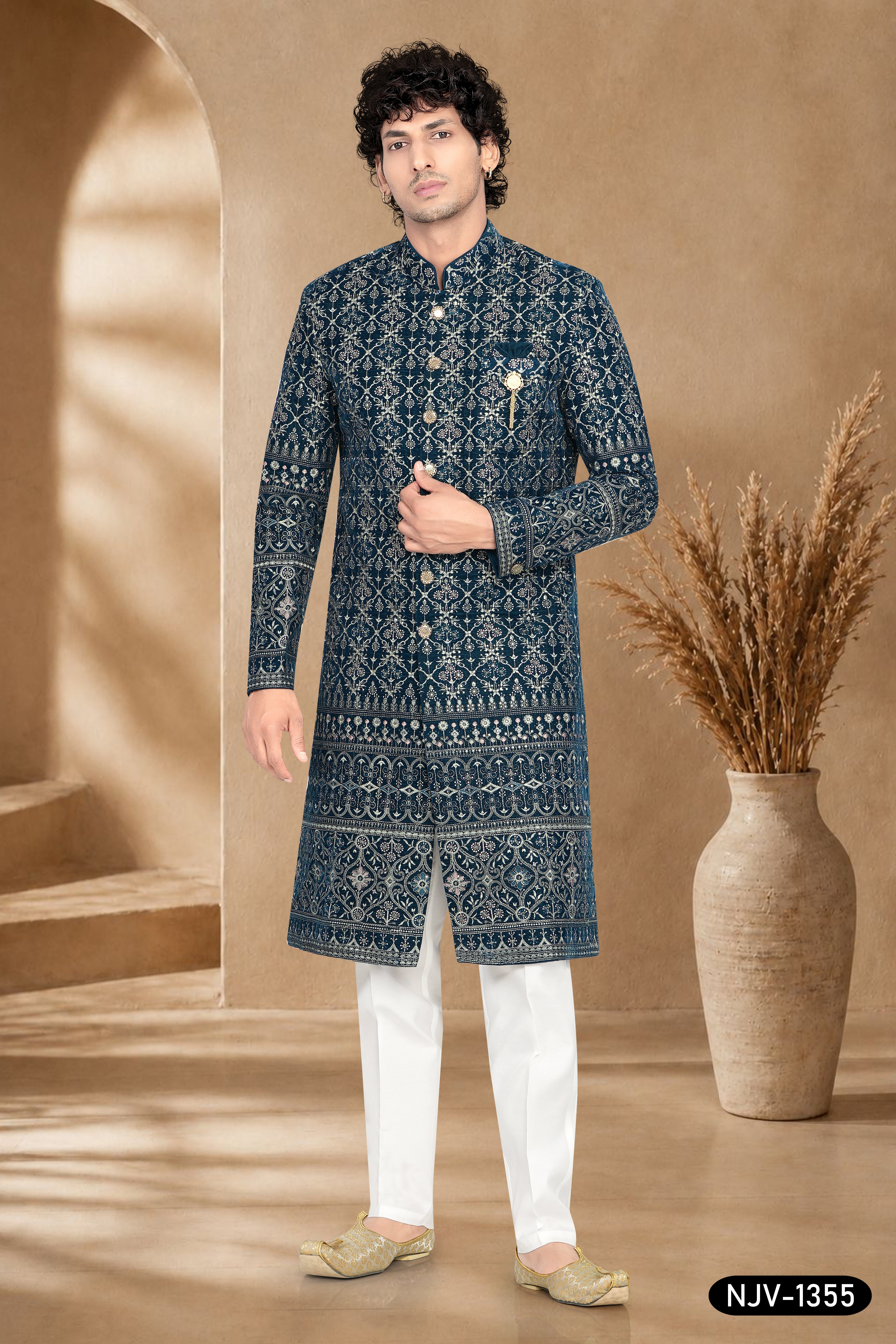 SHERWANI IN BLUE WITH THREAD EMBROIDERY ALL-OVER WITH HEAVY PANEL