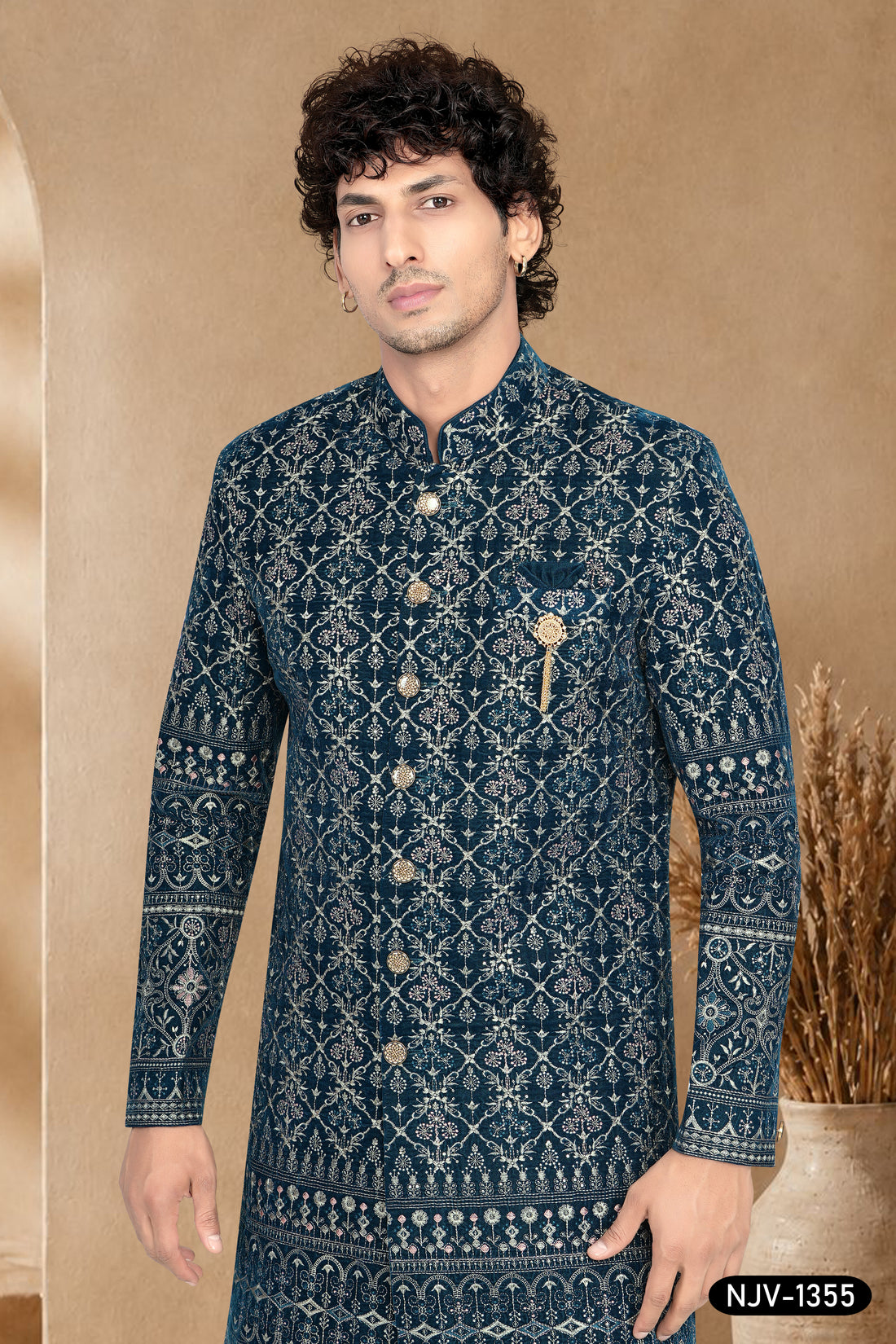 SHERWANI IN BLUE WITH THREAD EMBROIDERY ALL-OVER WITH HEAVY PANEL