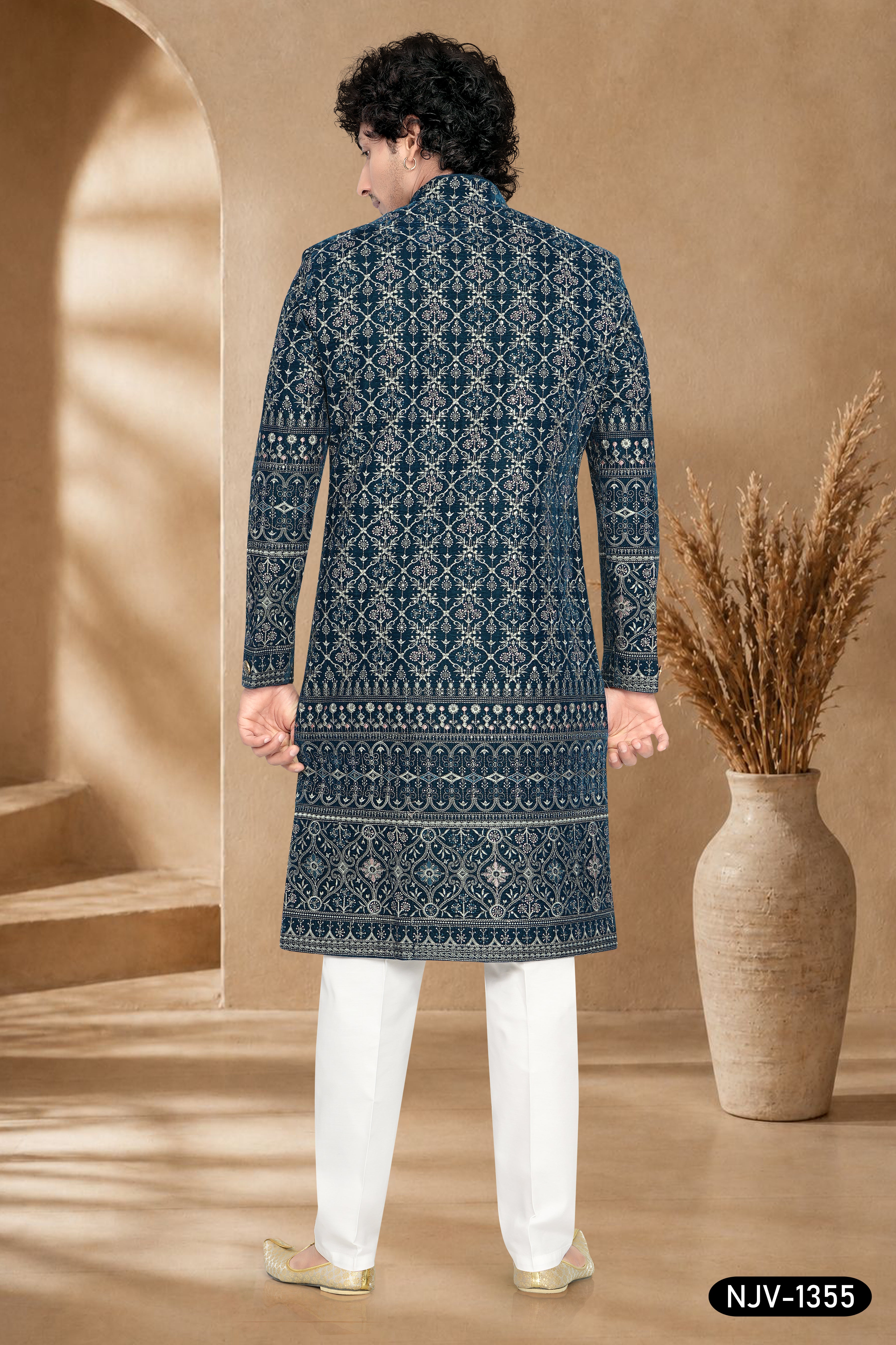 SHERWANI IN BLUE WITH THREAD EMBROIDERY ALL-OVER WITH HEAVY PANEL
