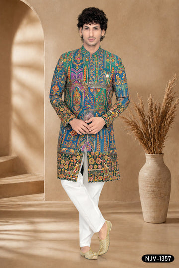 INDO-WESTERN SET IN BLUE & GREEN ( MULTI-TONE ) WITH HEAVY EMBROIDERY
