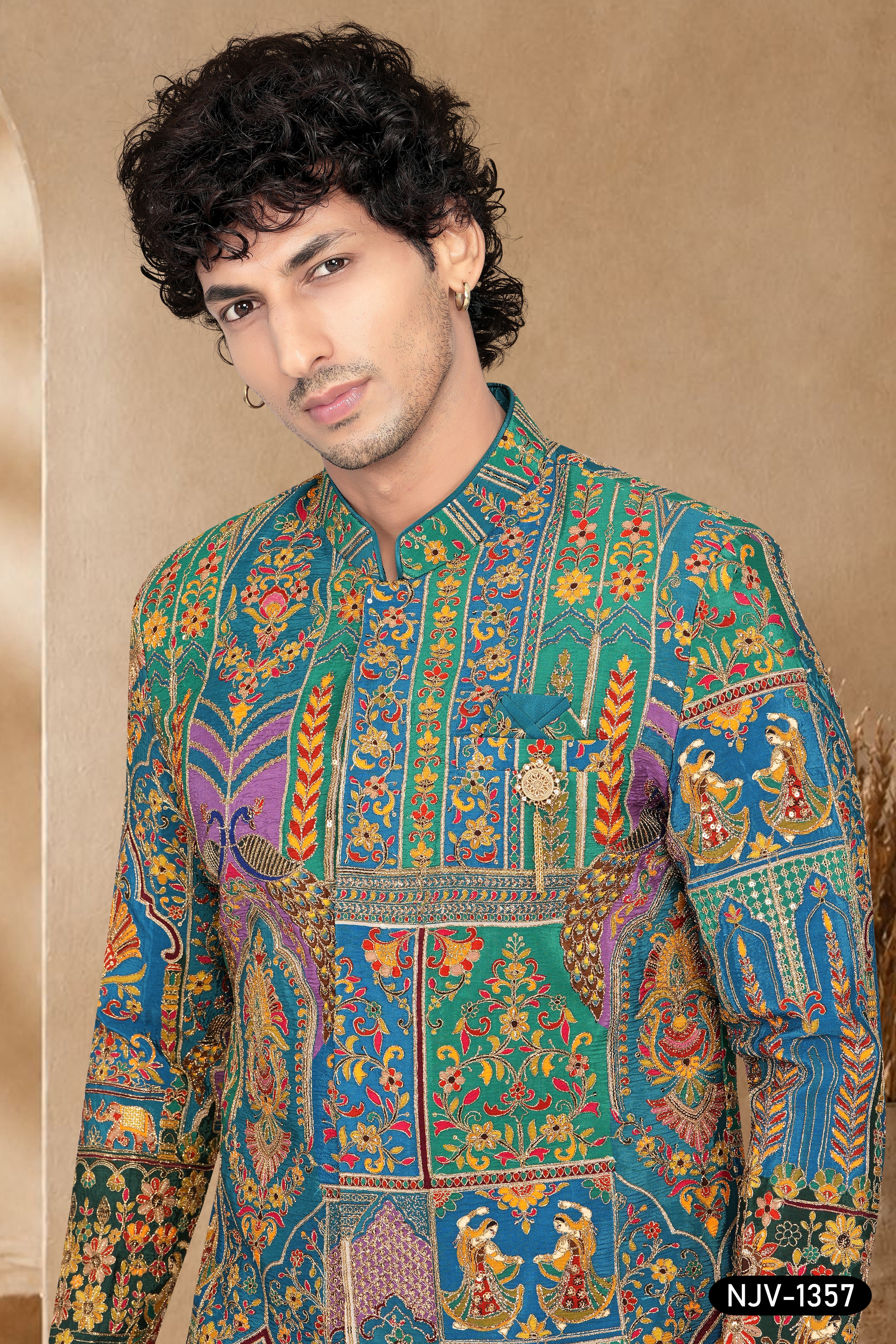 INDO-WESTERN SET IN BLUE & GREEN ( MULTI-TONE ) WITH HEAVY EMBROIDERY