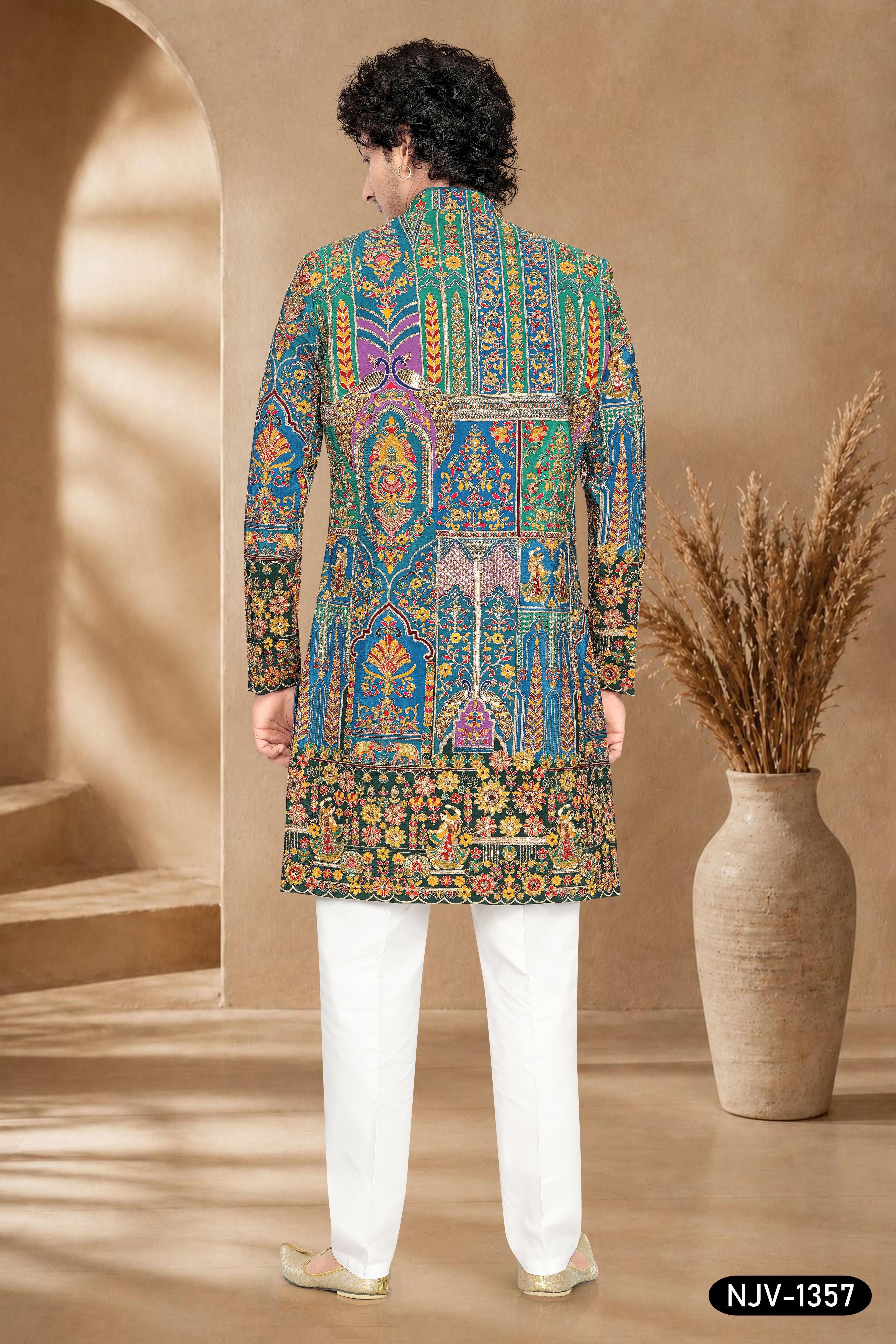 INDO-WESTERN SET IN BLUE & GREEN ( MULTI-TONE ) WITH HEAVY EMBROIDERY