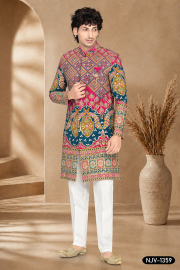 PINK-BASE ( MULTI-TONE ) INDO-WESTERN SET WITH ALL-OVER THREAD EMBROIDERY