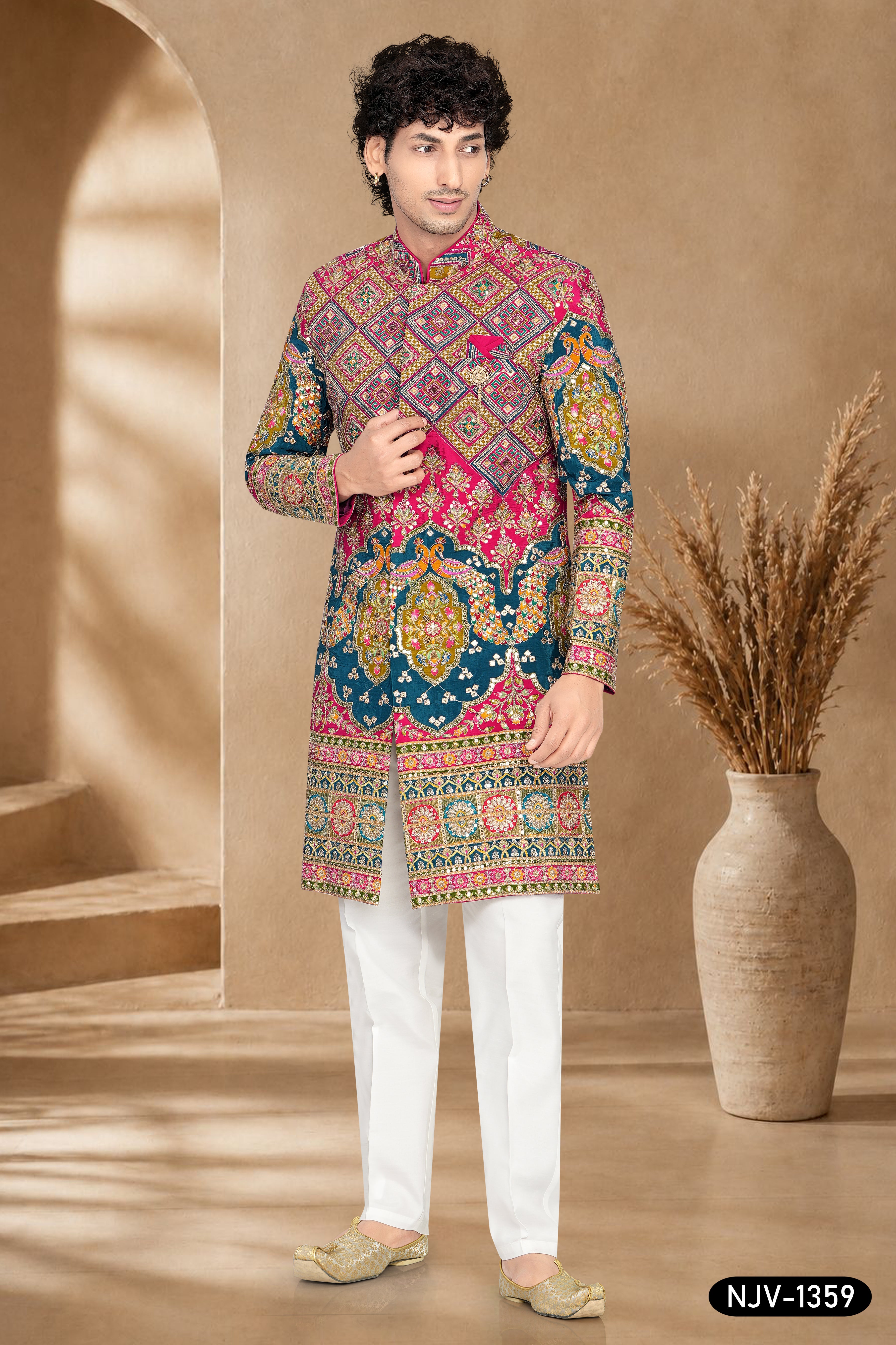 PINK-BASE ( MULTI-TONE ) INDO-WESTERN SET WITH ALL-OVER THREAD EMBROIDERY