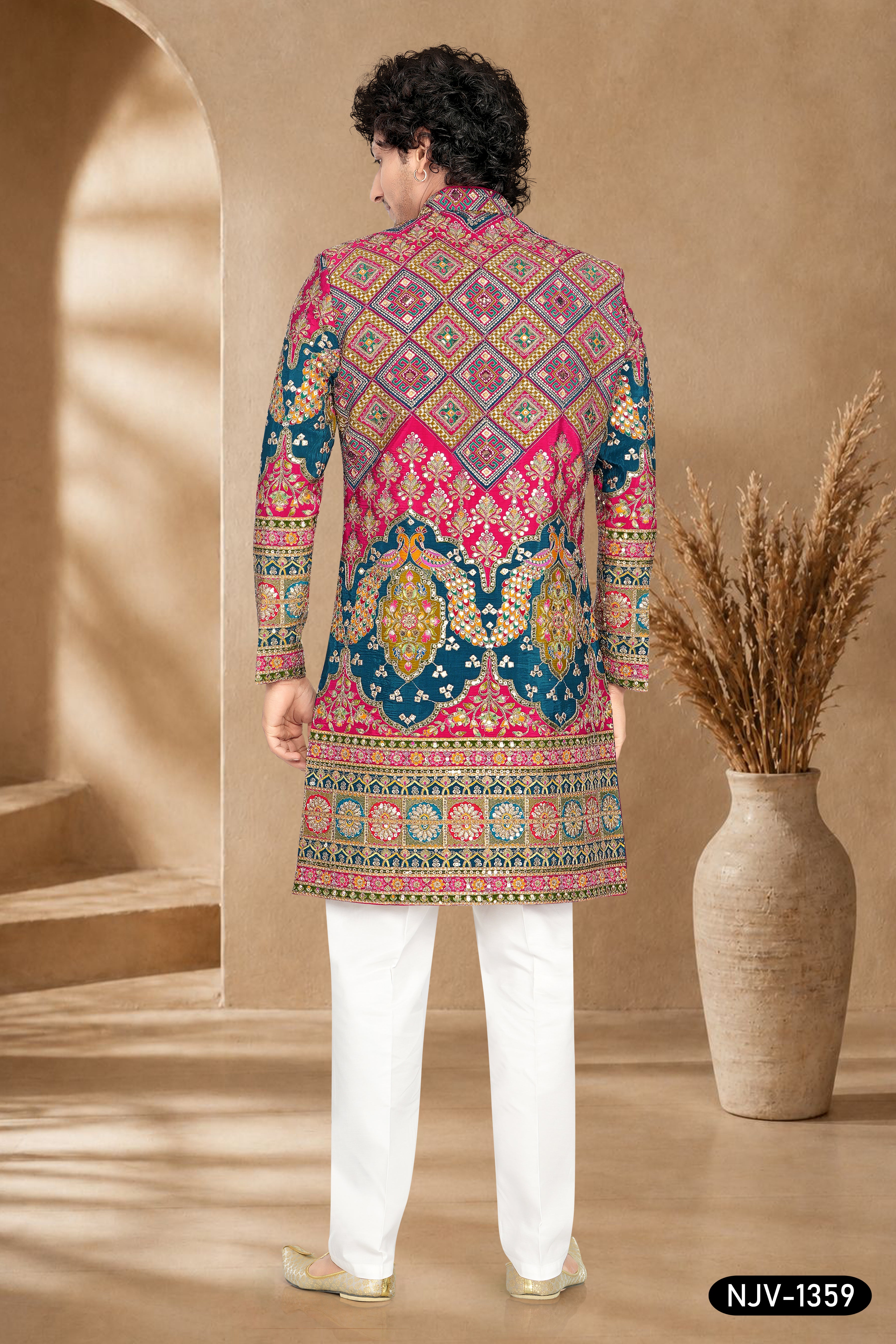 PINK-BASE ( MULTI-TONE ) INDO-WESTERN SET WITH ALL-OVER THREAD EMBROIDERY
