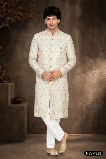CREAM SHERWANI SET WITH THREAD EMBROIDERY ALL-OVER WITH PANEL