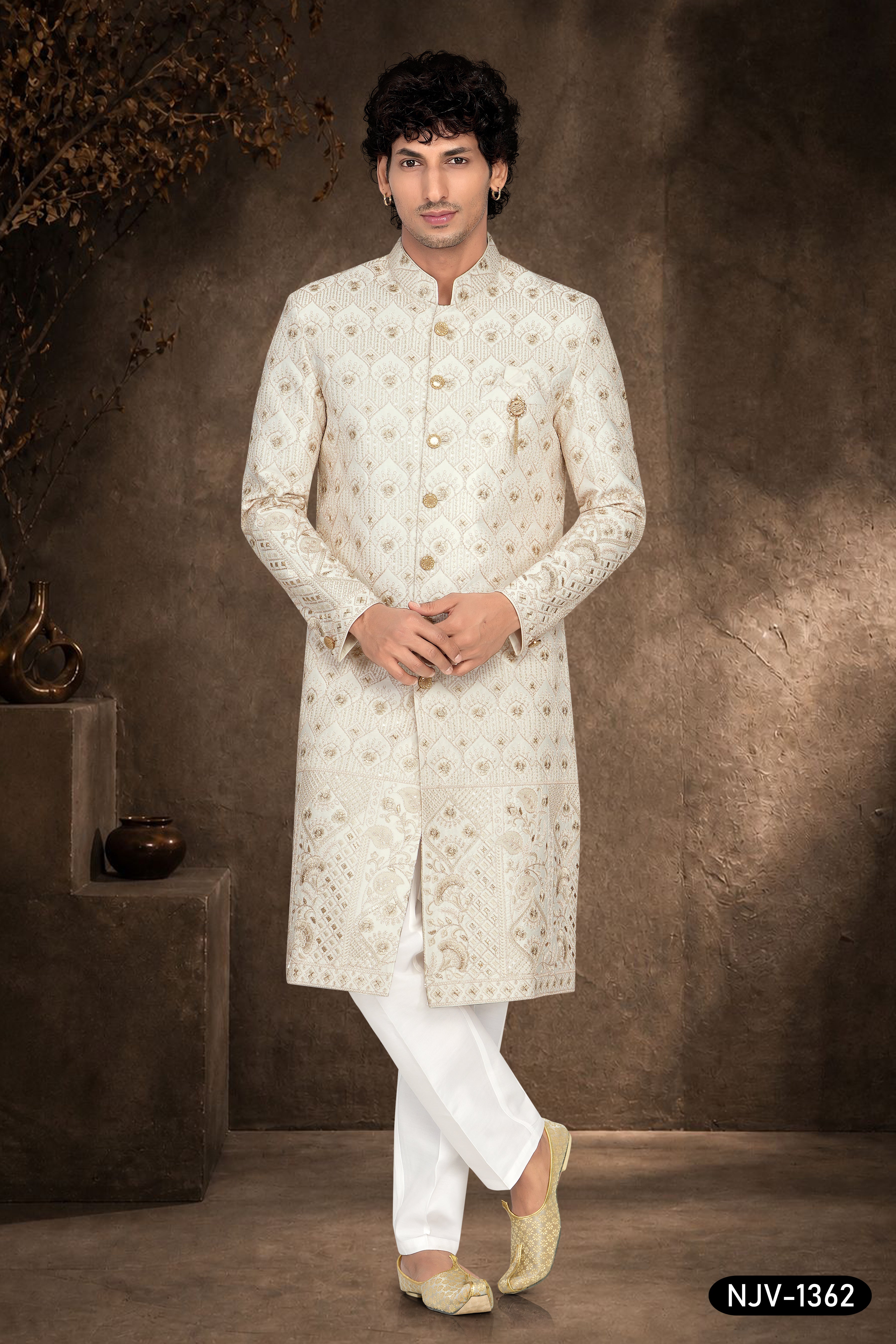 CREAM SHERWANI SET WITH THREAD EMBROIDERY ALL-OVER WITH PANEL