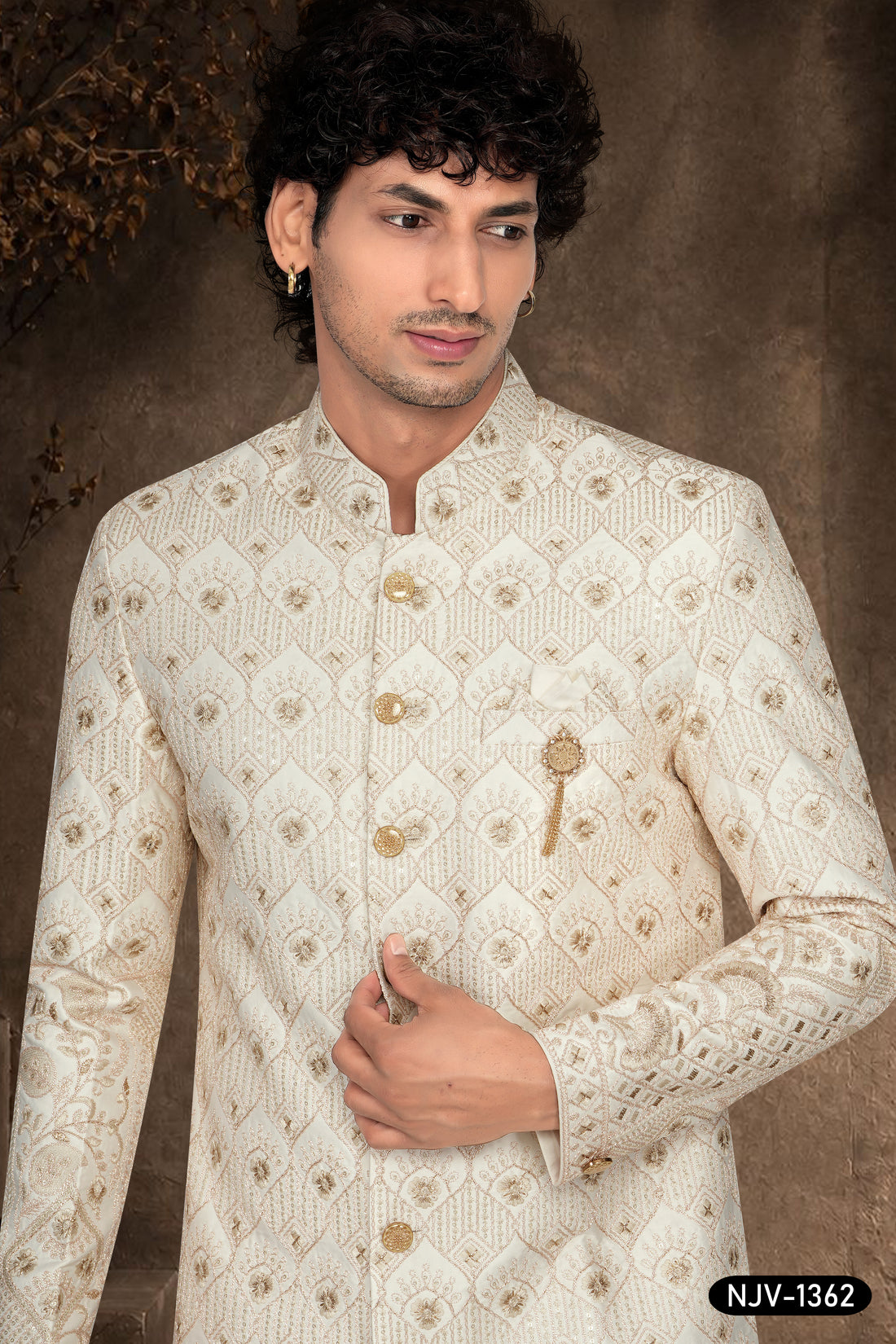 CREAM SHERWANI SET WITH THREAD EMBROIDERY ALL-OVER WITH PANEL