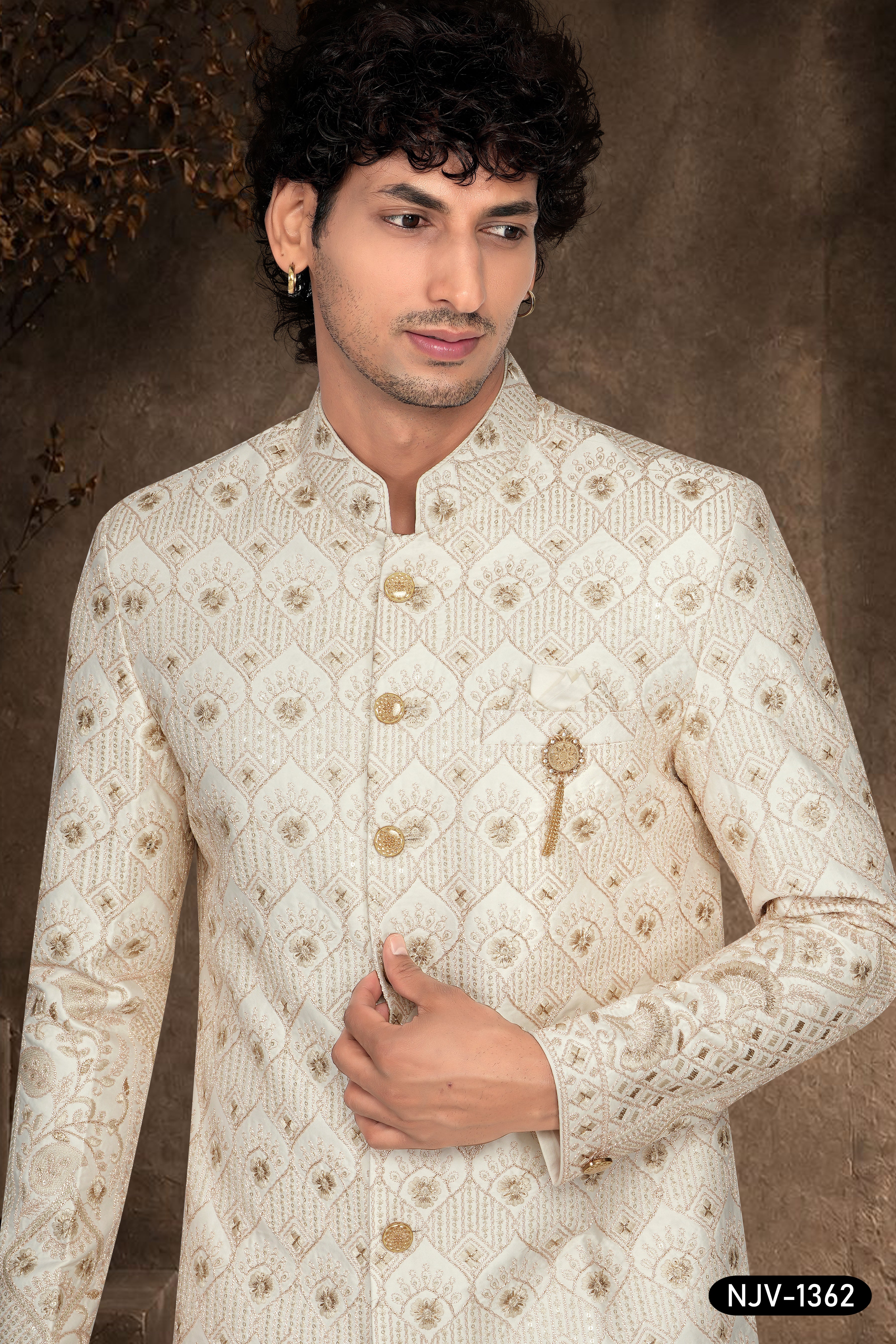 CREAM SHERWANI SET WITH THREAD EMBROIDERY ALL-OVER WITH PANEL