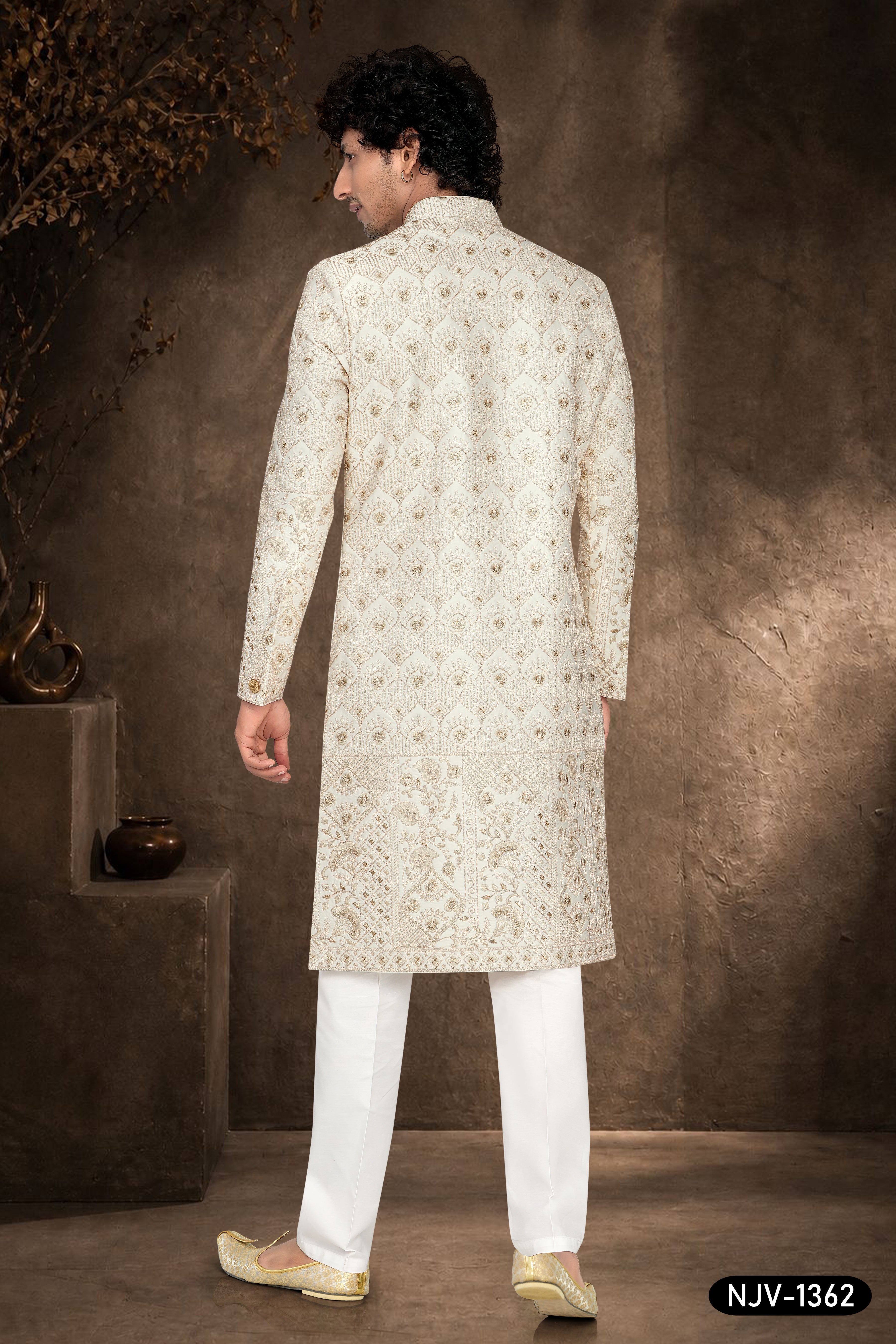 CREAM SHERWANI SET WITH THREAD EMBROIDERY ALL-OVER WITH PANEL