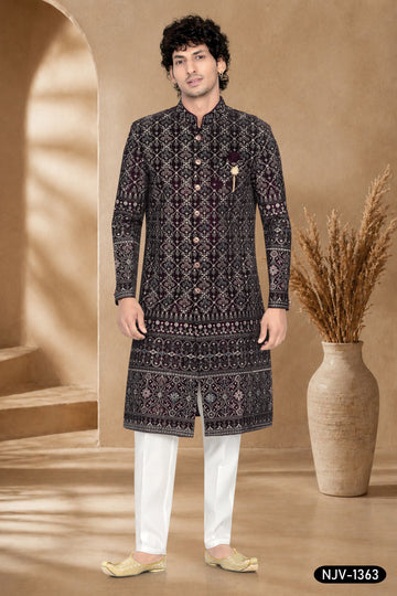SHERWANI SET IN WINE HUE WITH HEAVY THREAD EMBROIDERY & PANEL