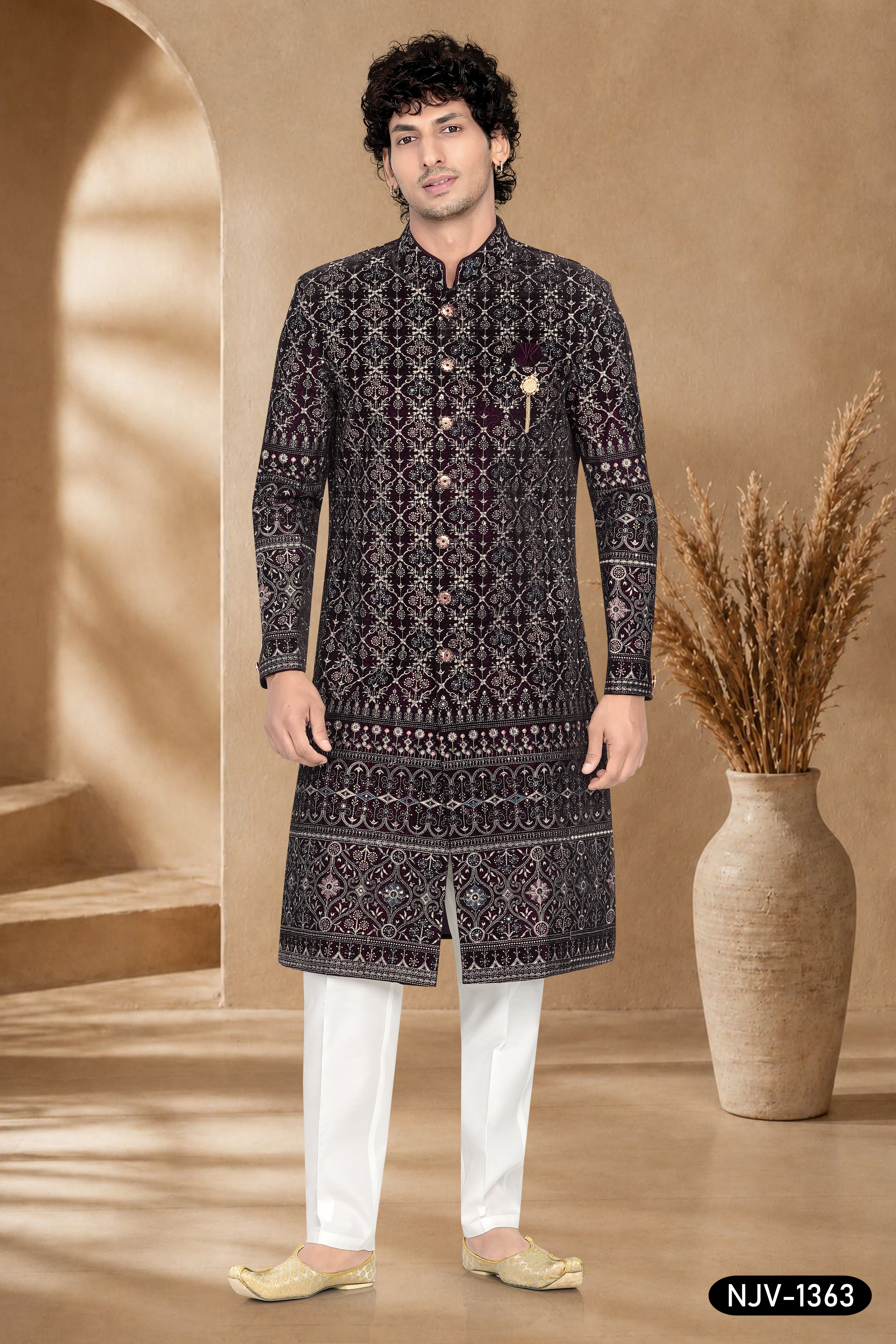 SHERWANI SET IN WINE HUE WITH HEAVY THREAD EMBROIDERY & PANEL