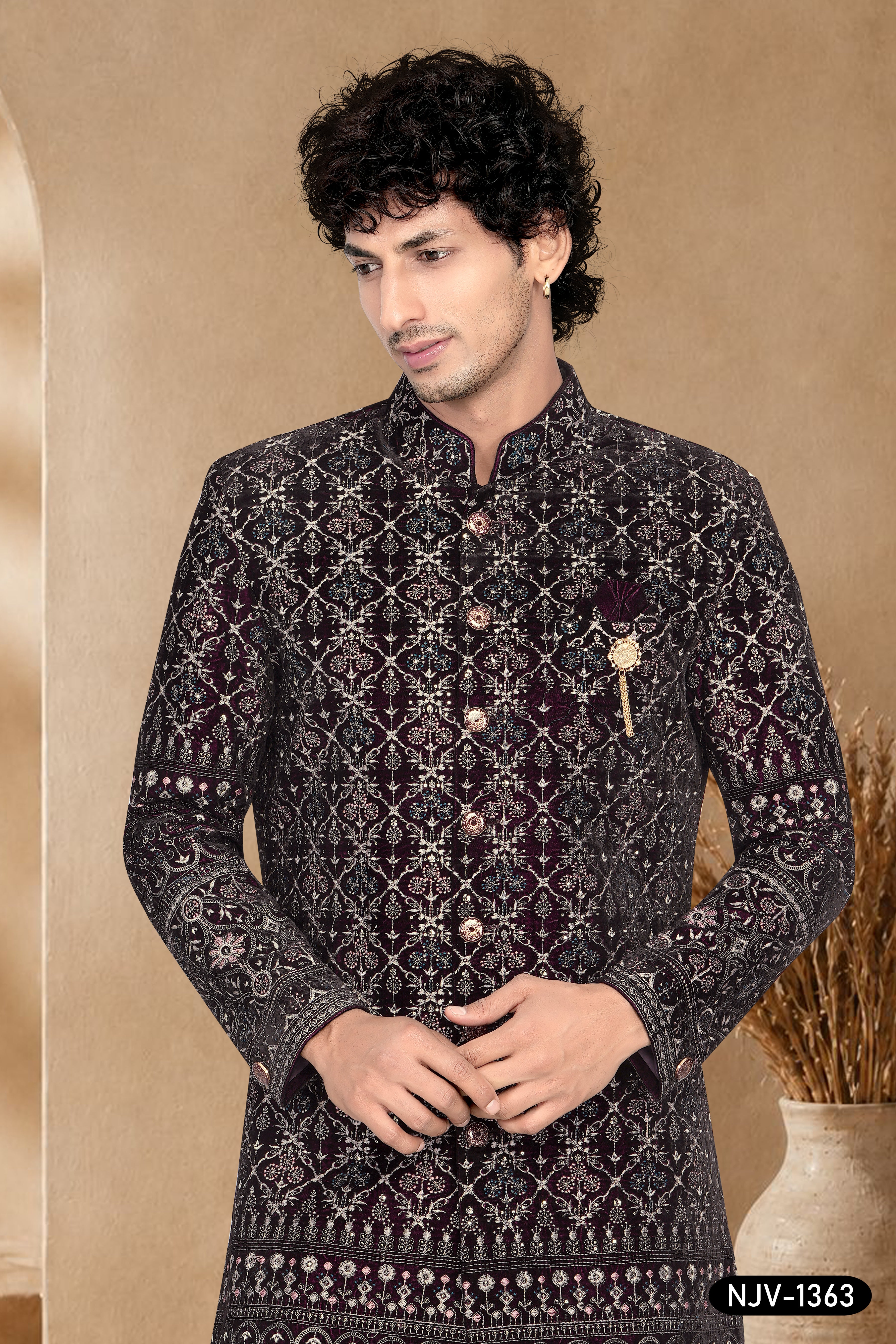 SHERWANI SET IN WINE HUE WITH HEAVY THREAD EMBROIDERY & PANEL