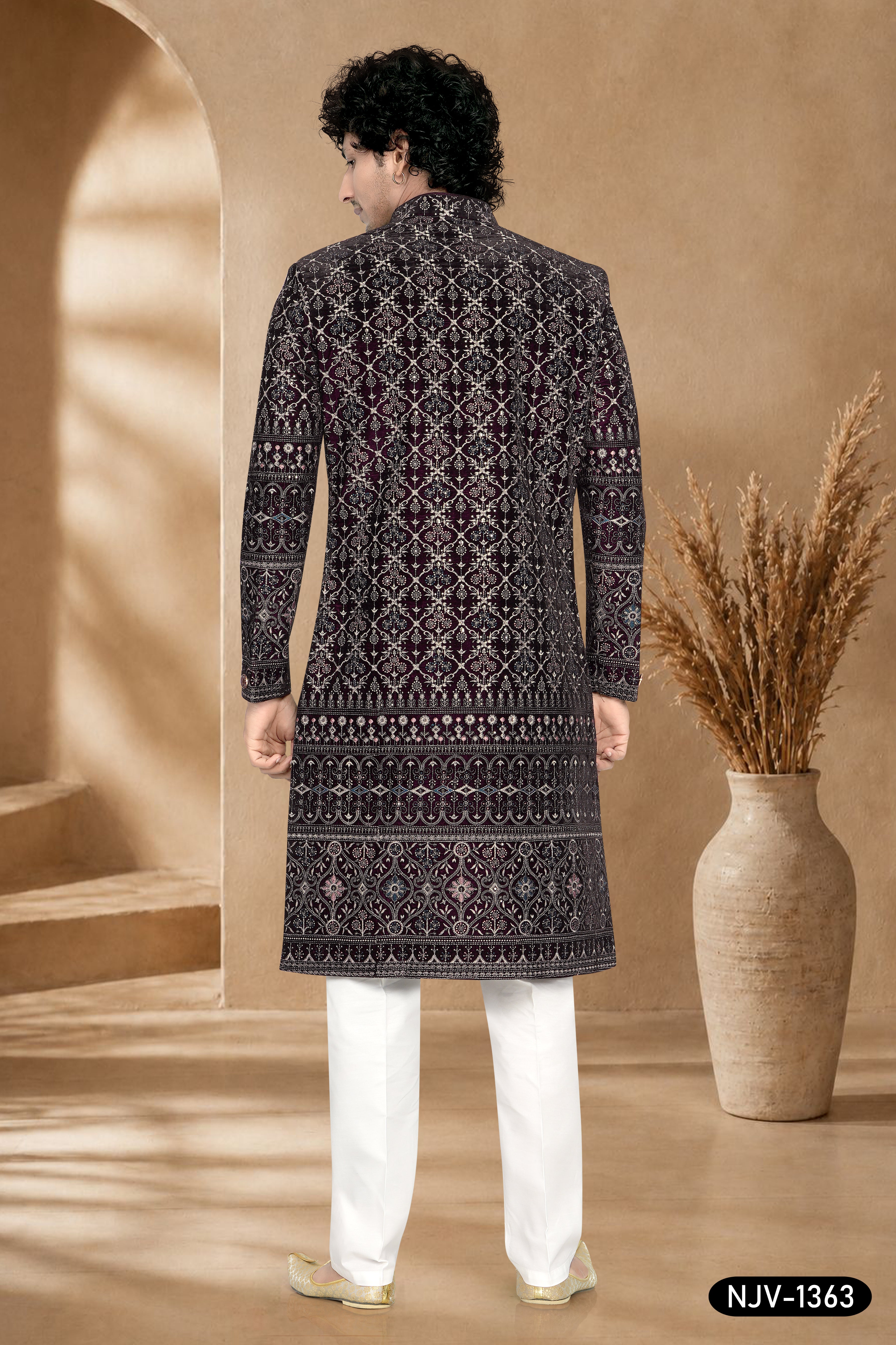 SHERWANI SET IN WINE HUE WITH HEAVY THREAD EMBROIDERY & PANEL