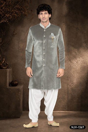 GREY INDO-WESTERN SET IN VELVET