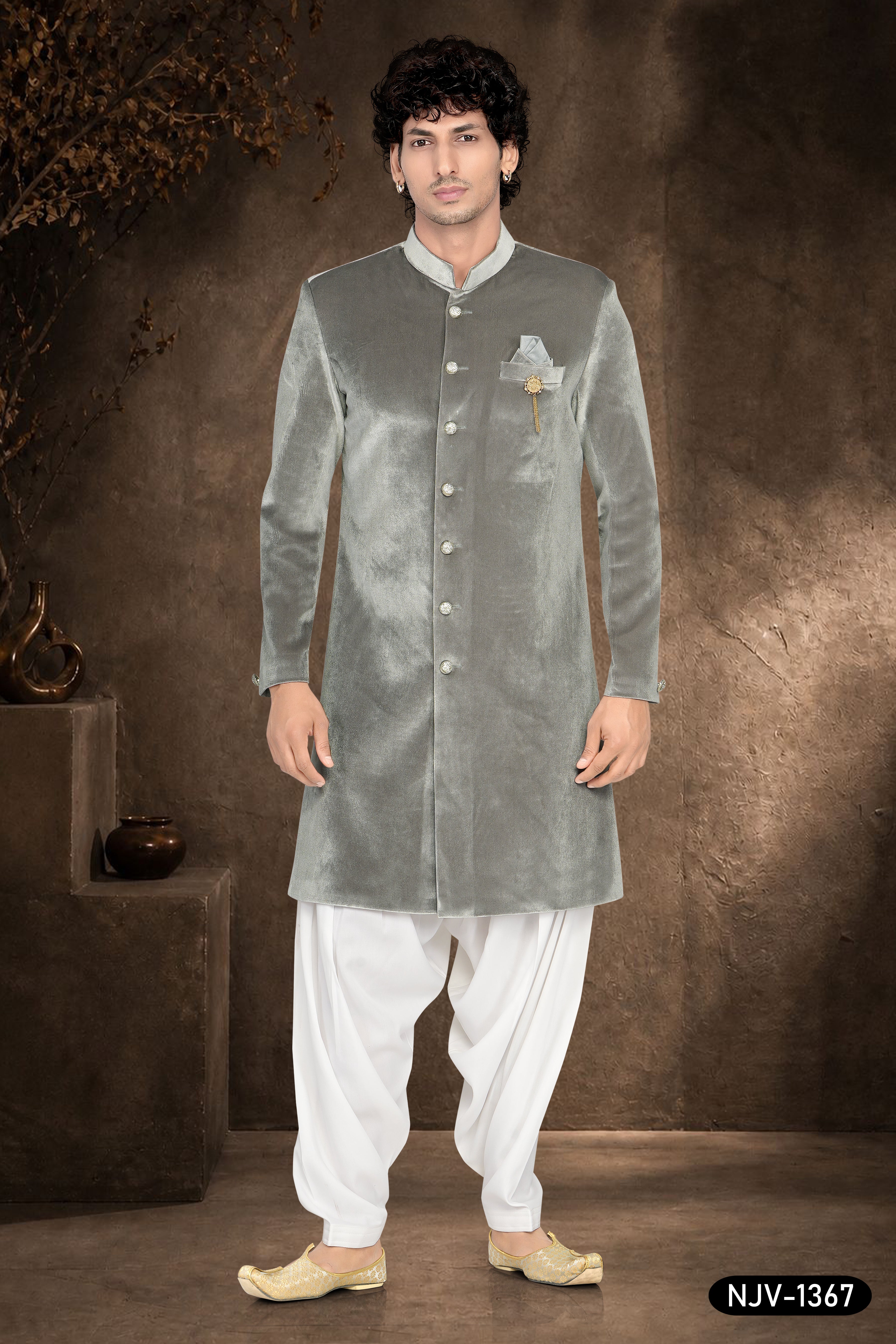 GREY INDO-WESTERN SET IN VELVET