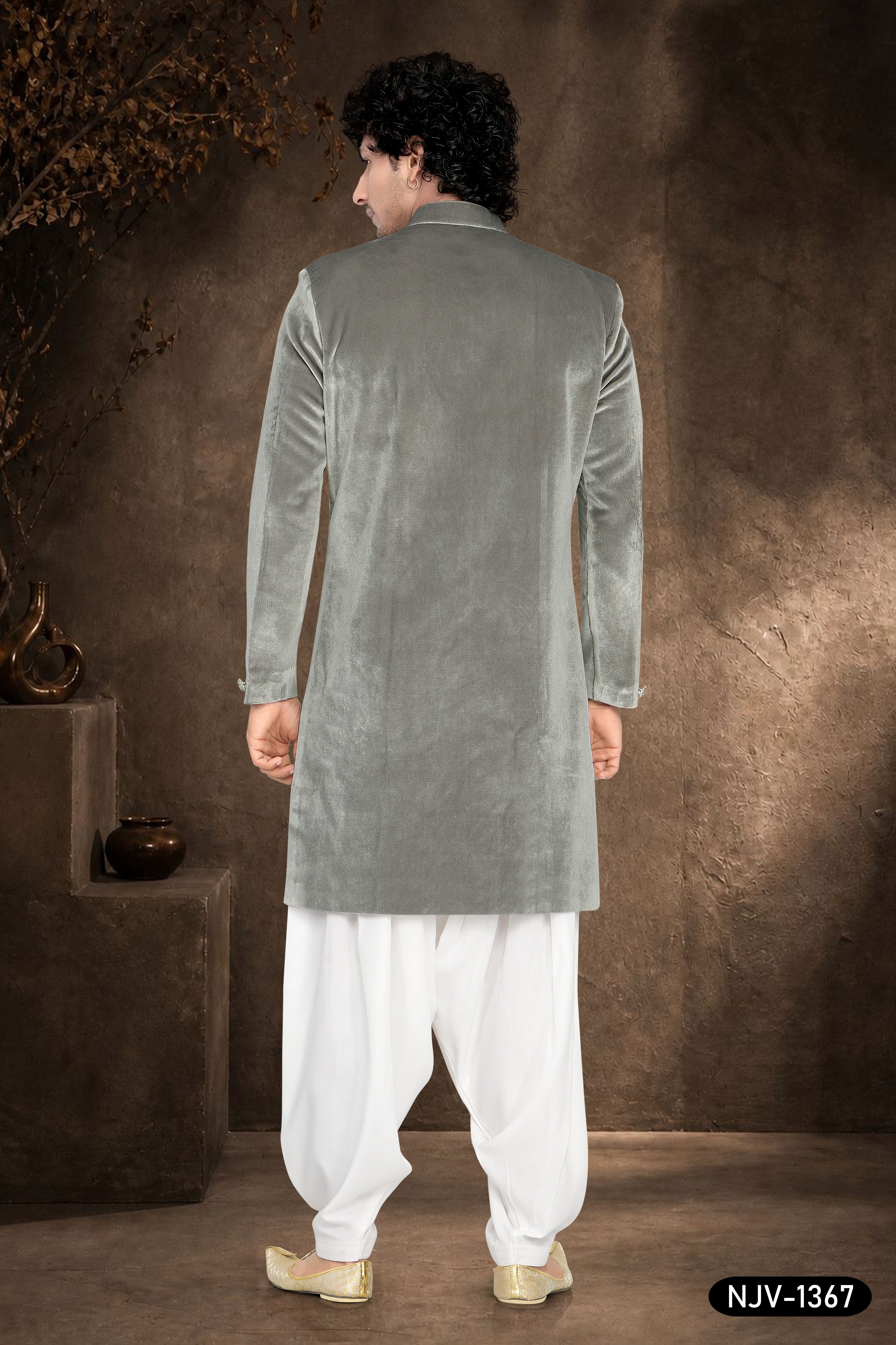 GREY INDO-WESTERN SET IN VELVET