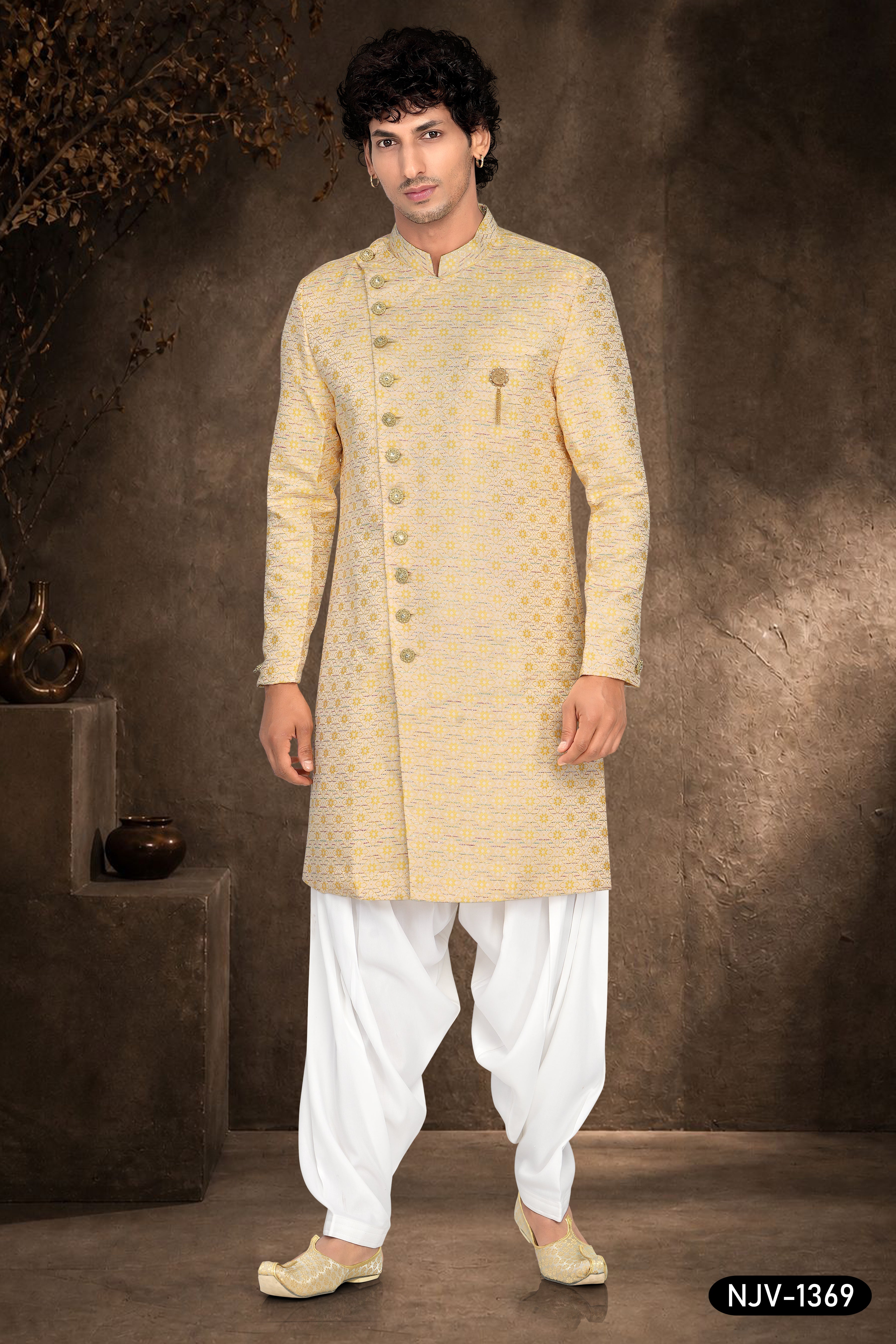 YELLOW INDO-WESTERN SET WITH ALL-OVER THREAD EMBROIDERY