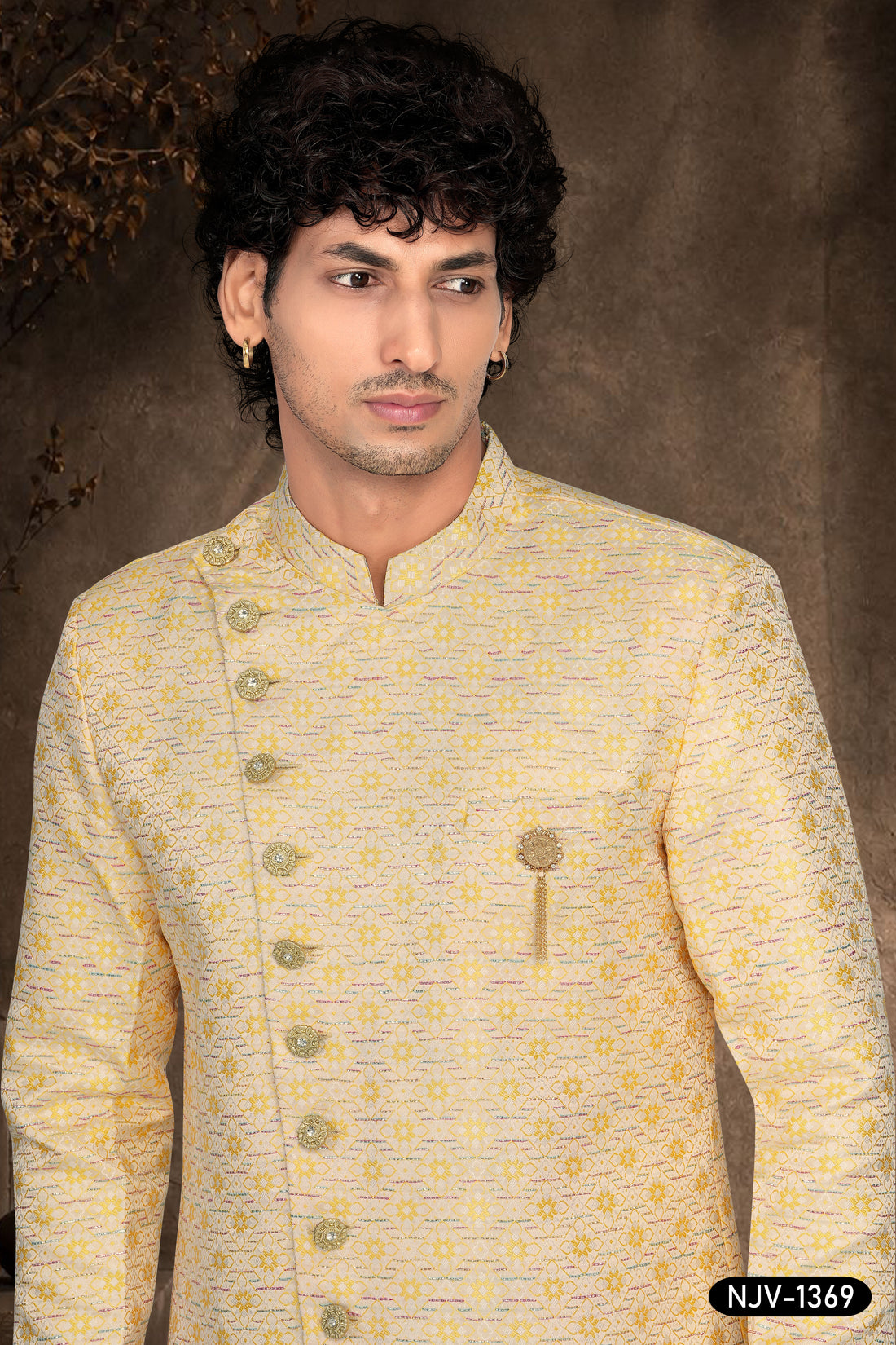 YELLOW INDO-WESTERN SET WITH ALL-OVER THREAD EMBROIDERY