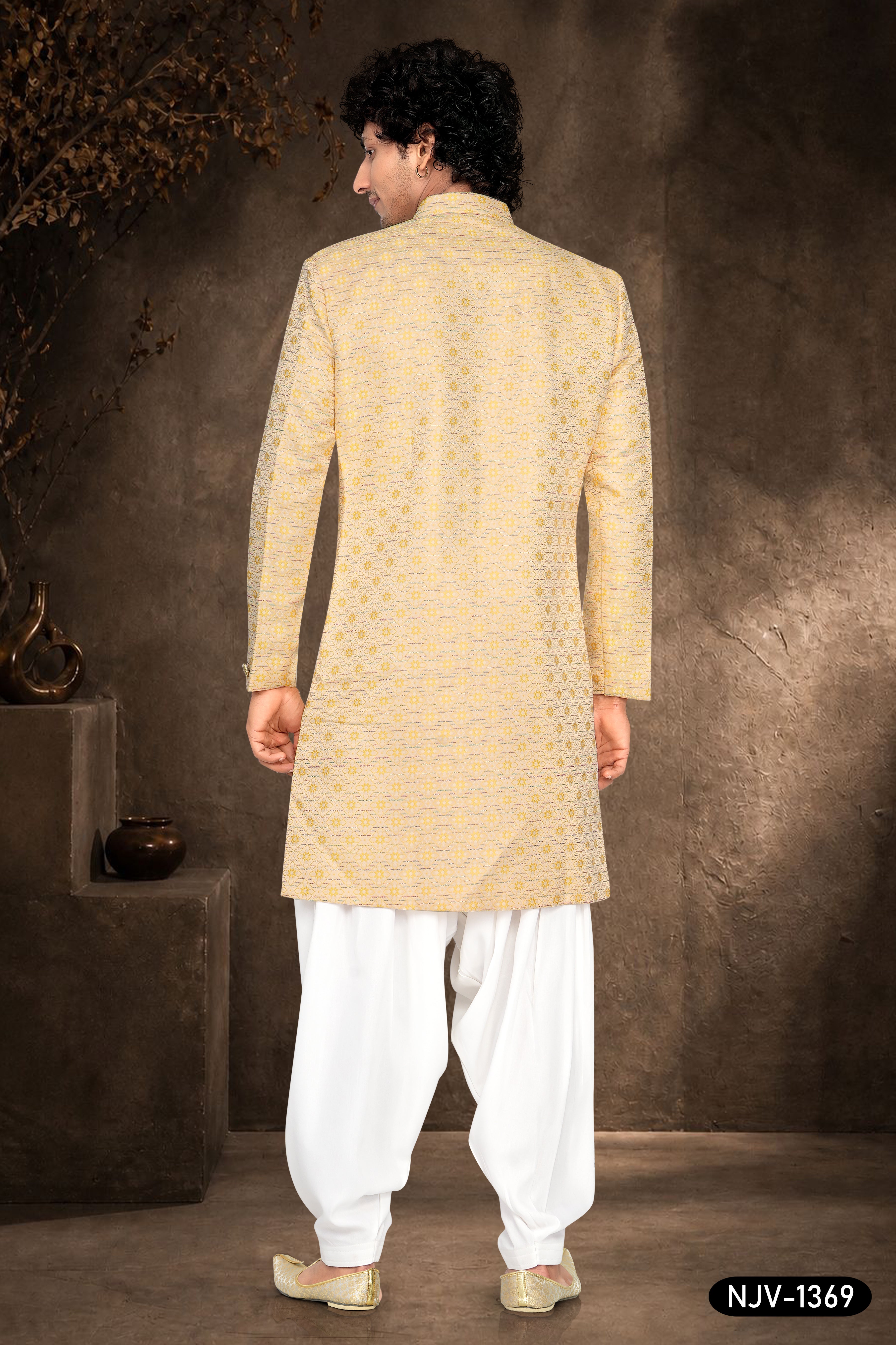 YELLOW INDO-WESTERN SET WITH ALL-OVER THREAD EMBROIDERY