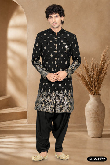 BLACK INDO-WESTERN SET WITH FOIL-PRINT ALL-OVER