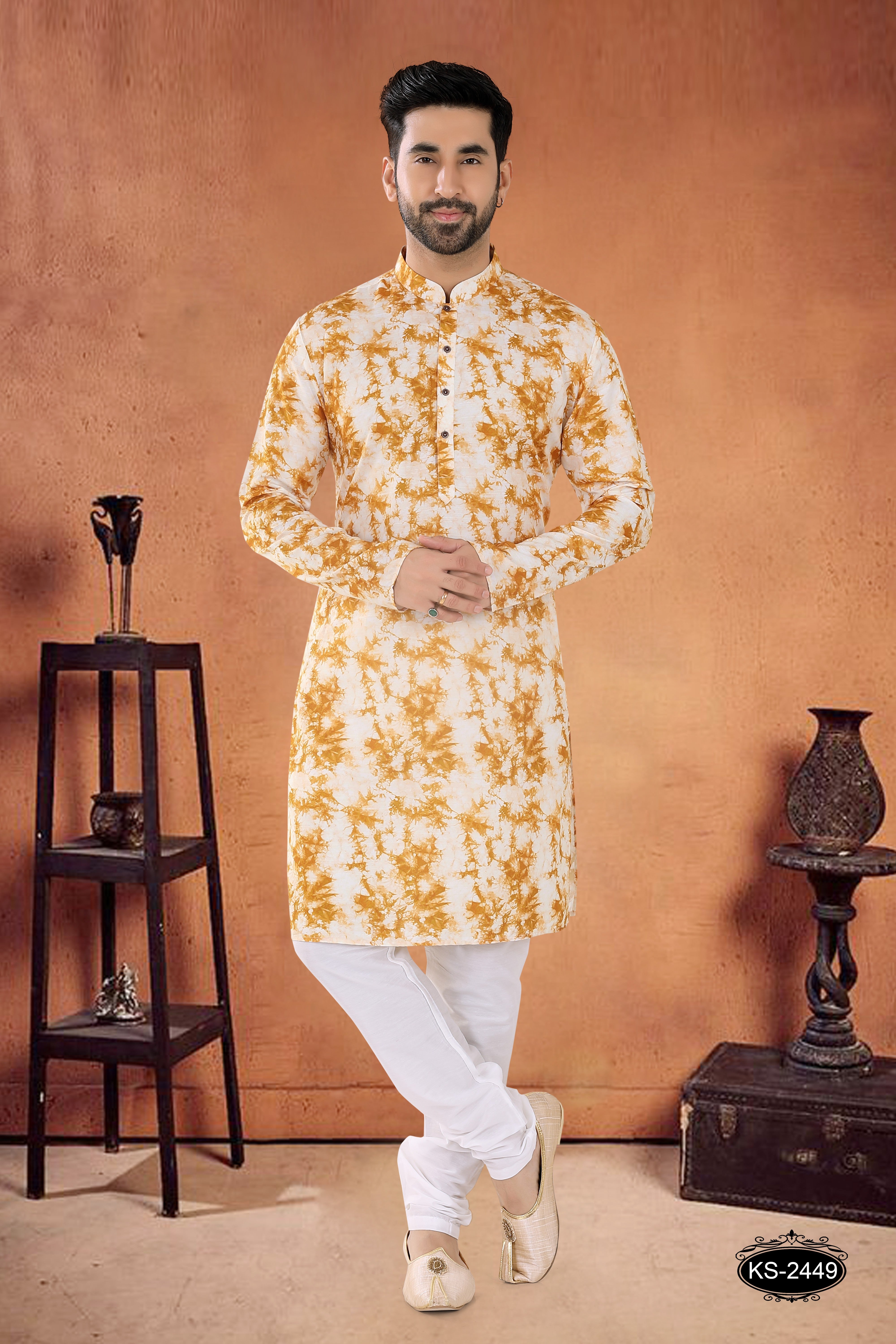 YELLOW KURTA SET WITH SELF-DEISGN