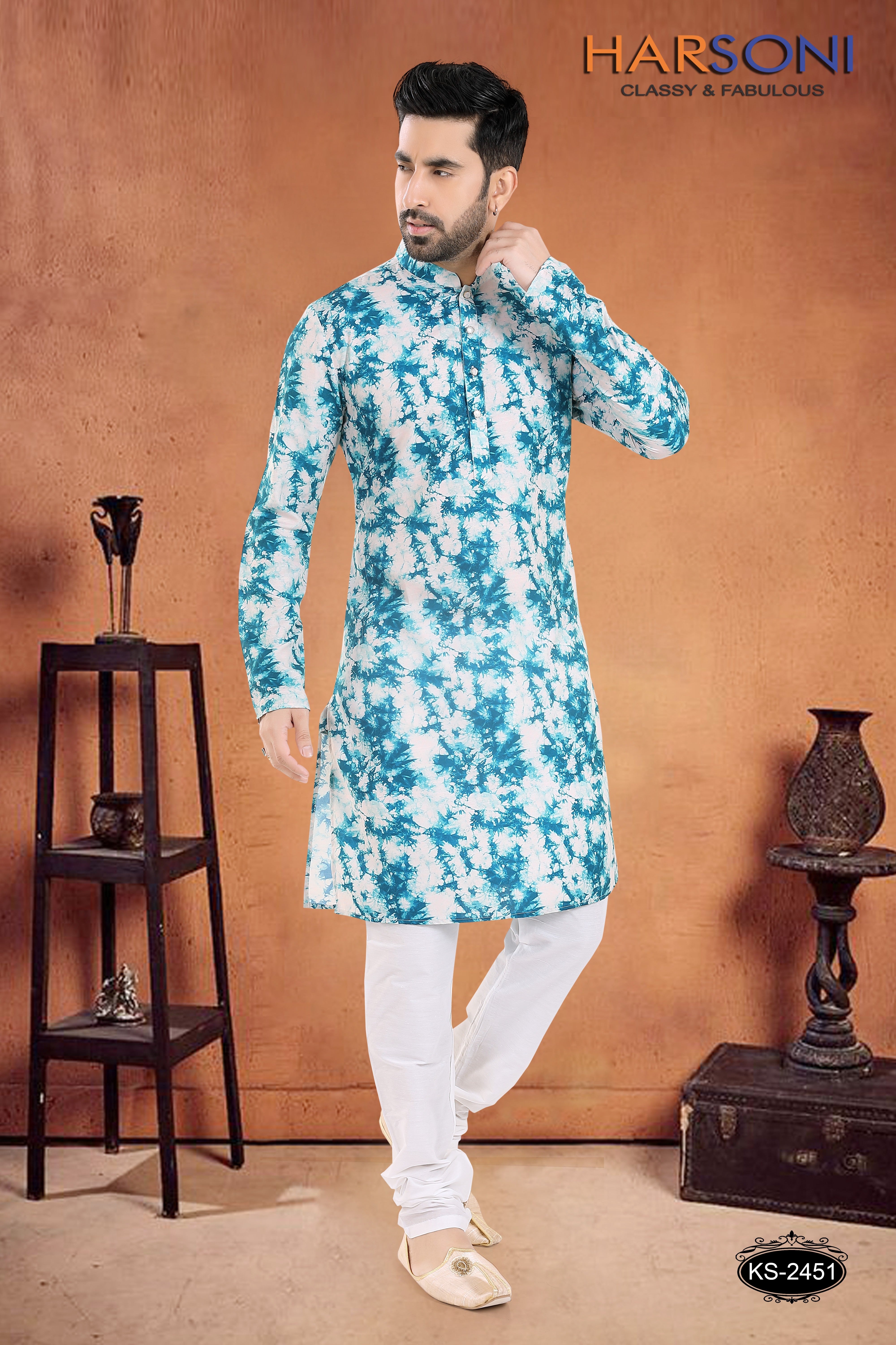 BLUE TONE  KURTA SET WITH SELF-DESIGN