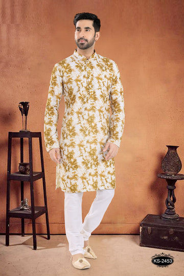 YELLOW KURTA SET WITH SELF-DESIGN ALL-OVER