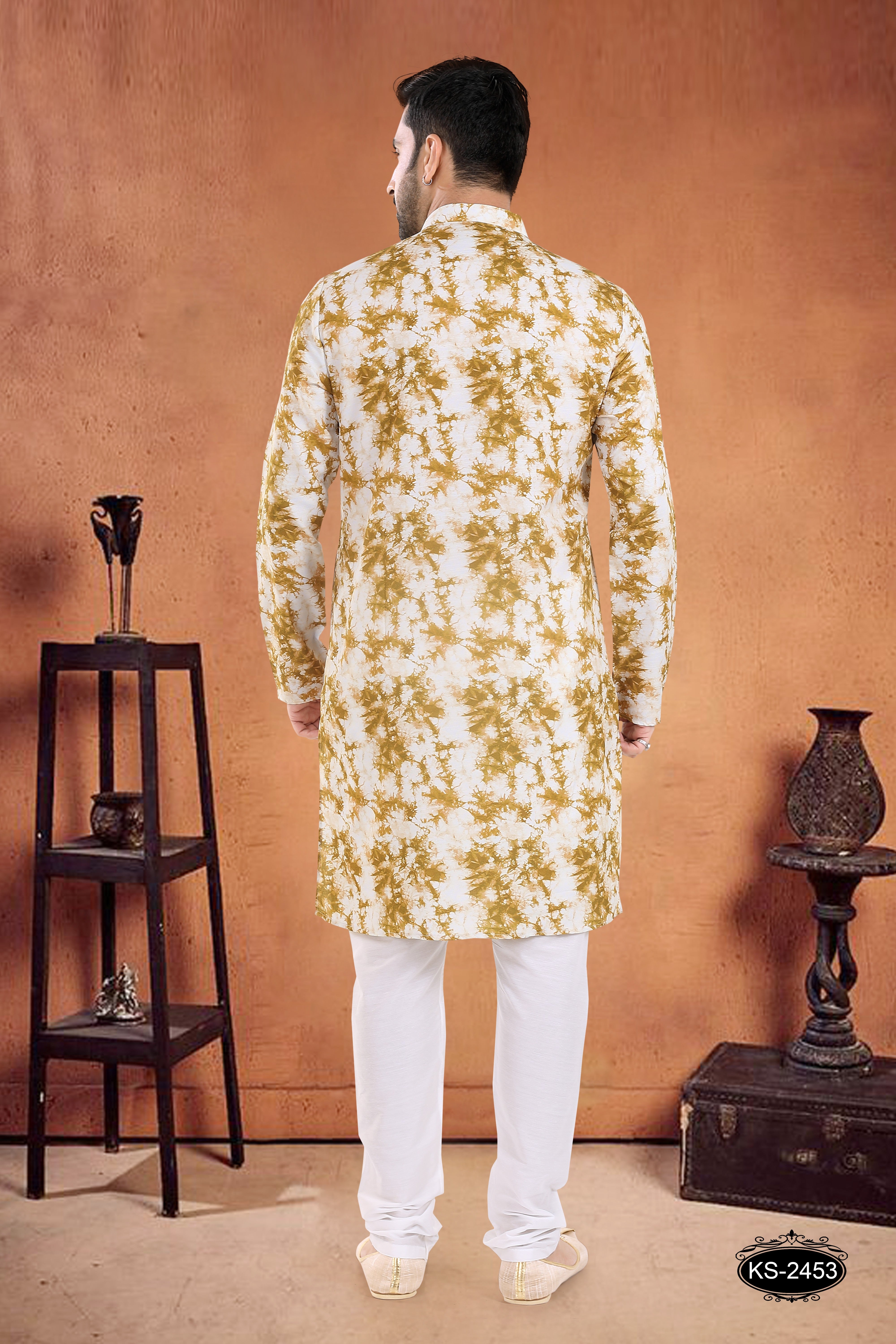 YELLOW KURTA SET WITH SELF-DESIGN ALL-OVER