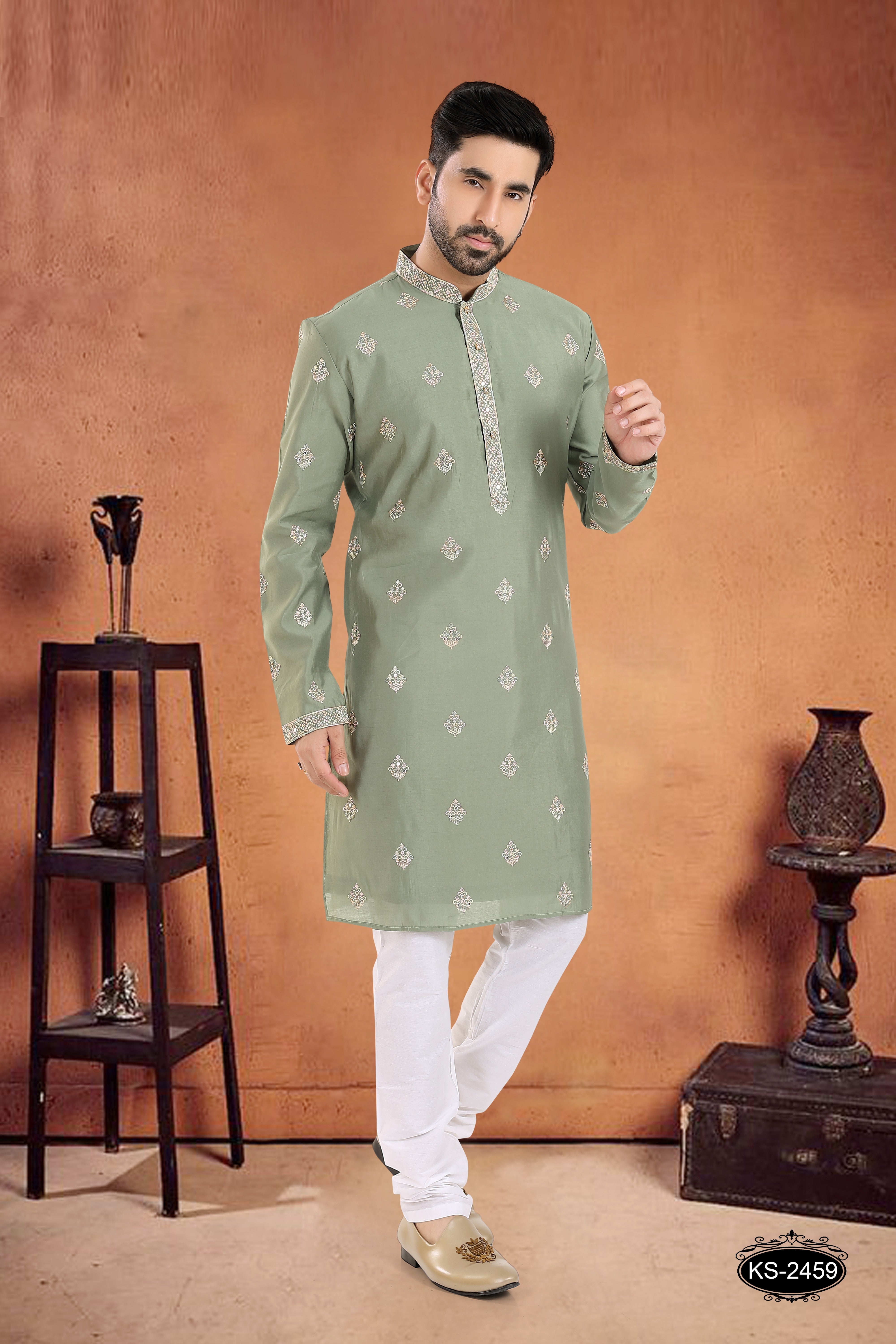 THREAD & SEQUENCE EMBROIDERY ALL-OVER IN GREEN TONE KURTA SET