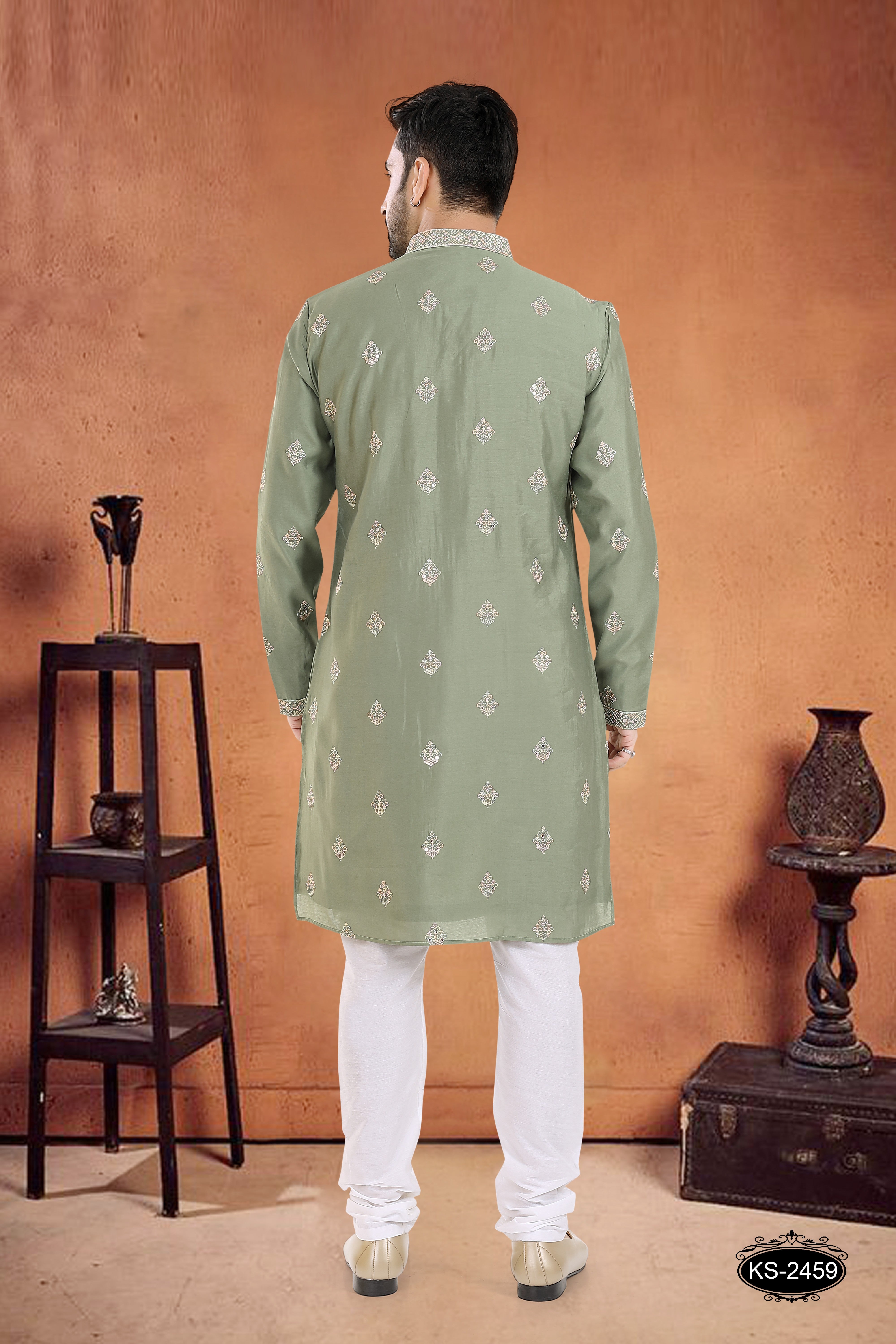 THREAD & SEQUENCE EMBROIDERY ALL-OVER IN GREEN TONE KURTA SET