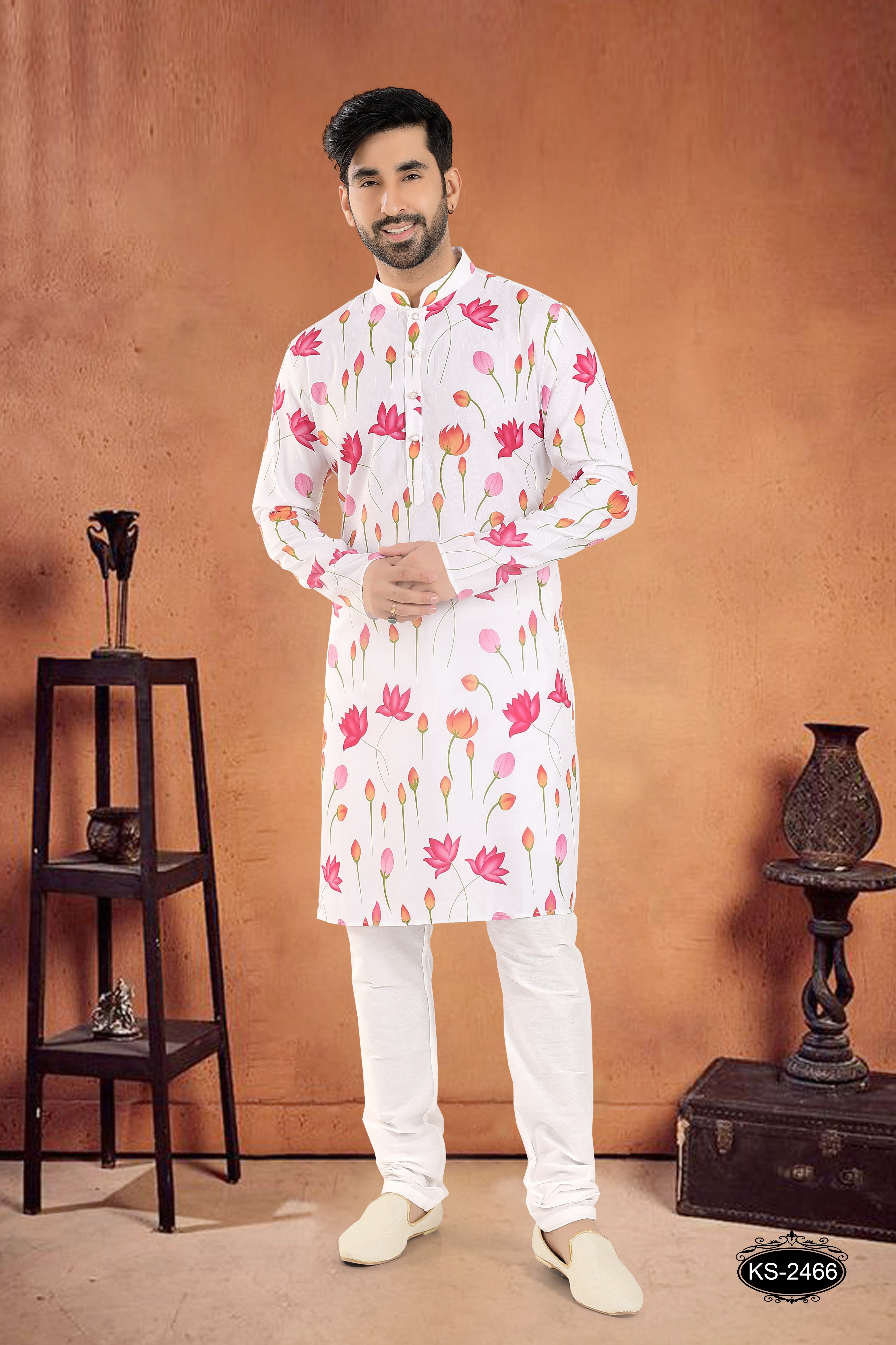 WHITE KURTA SET WITH FLORAL PRINT DESIGN ALL-OVER